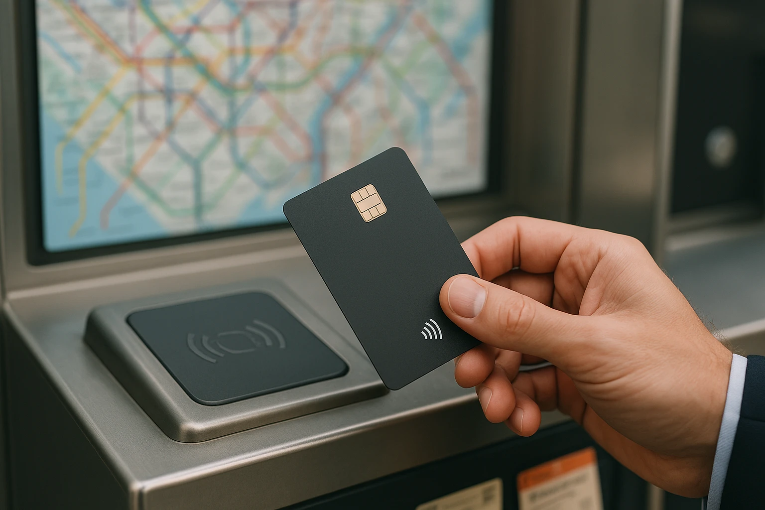 A hand holding a sleek, new contactless payment card near a public transportation ticket machine, with vibrant city maps and metro tickets visible in the background, symbolizing effortless business travel expenses.