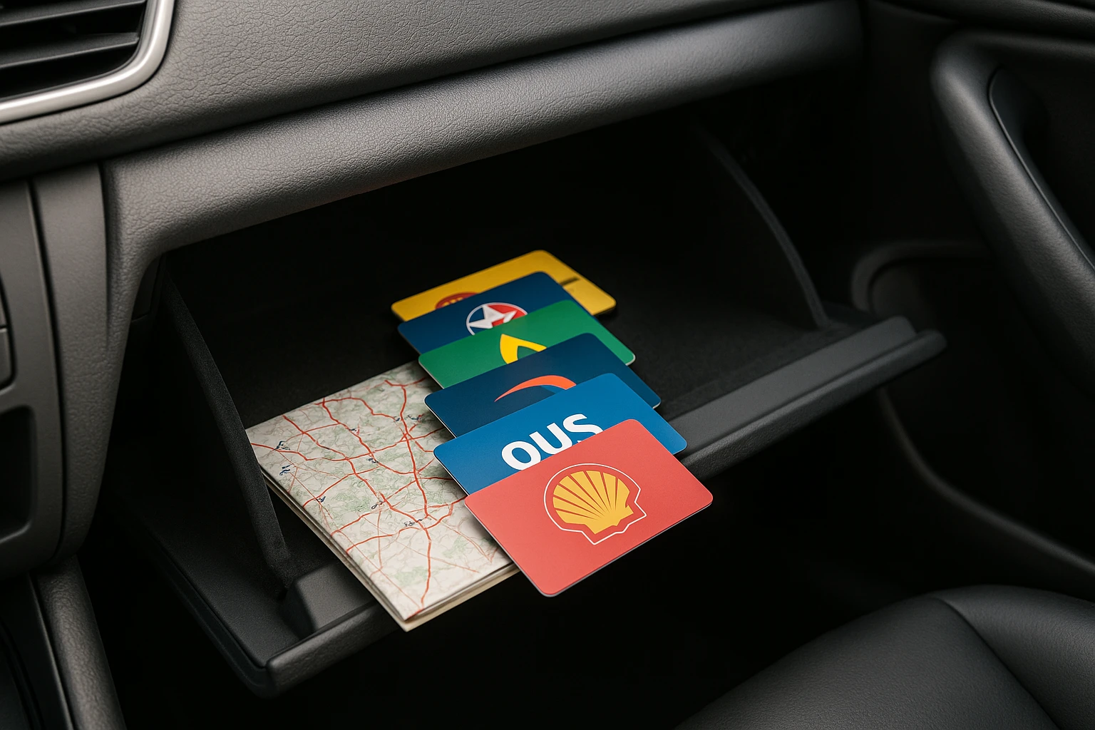 A high-angle view of an open glove compartment in a car, revealing a neatly organized selection of various fuel cards, each displaying different fuel brand logos and vibrant colors, with a map tucked beneath highlighting numerous gas station locations.