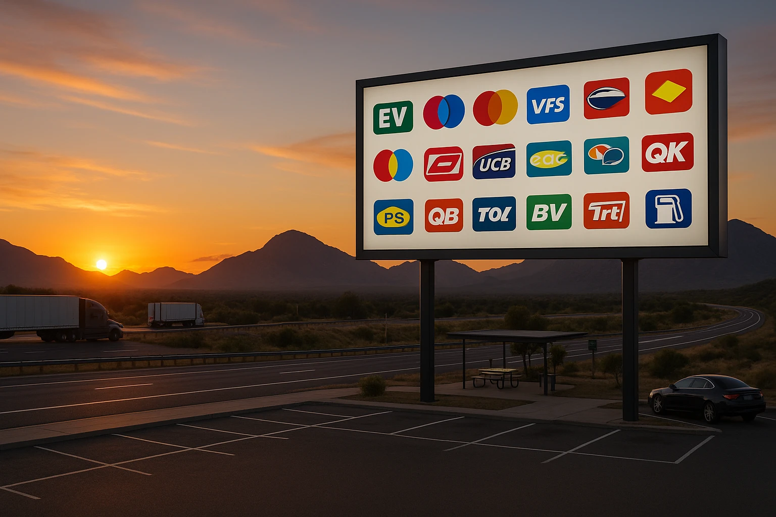 A scenic overlook showing a highway rest area with a large billboard featuring an array of different fuel card logos, juxtaposed against a backdrop of mountains and a sunset.