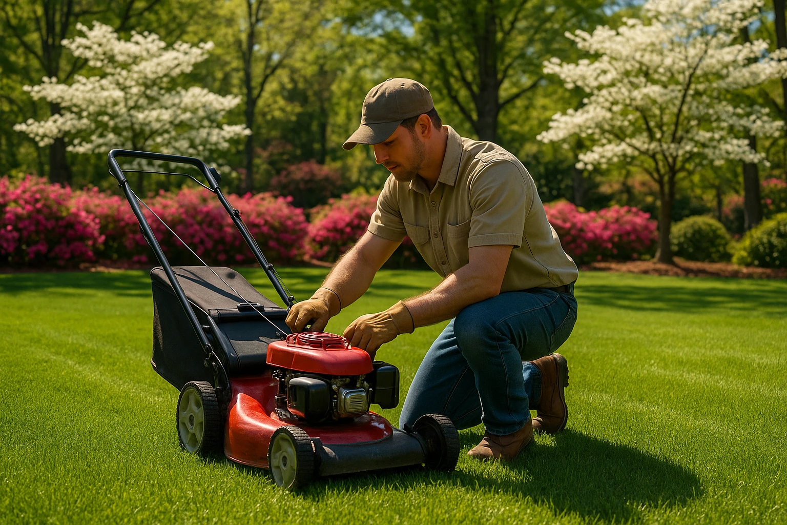 A vibrant green lawn in Greenville, SC, bordered by blooming azaleas and dogwood trees, with a gardener kneeling beside a push mower, adjusting the height for optimal grass care under the warm, Southern sun.