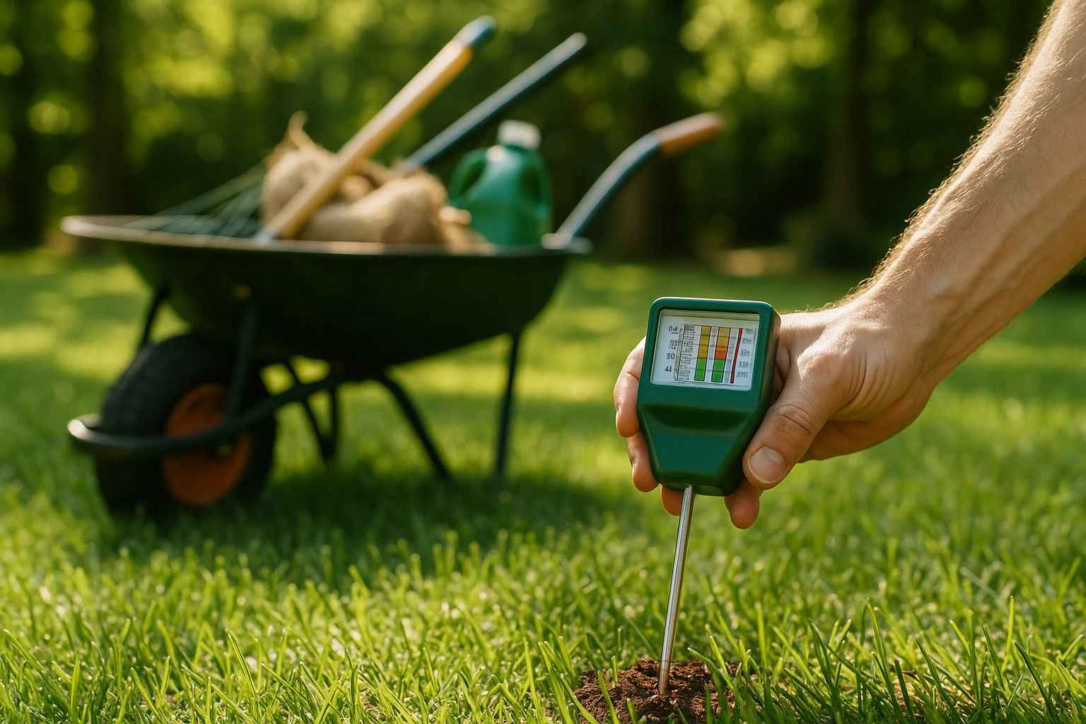 A close-up shot of a lush Greenville, SC lawn featuring a hand holding a soil testing kit, surrounded by dappled sunlight filtering through nearby trees, with a wheelbarrow filled with lawn care tools and organic fertilizers in the background.