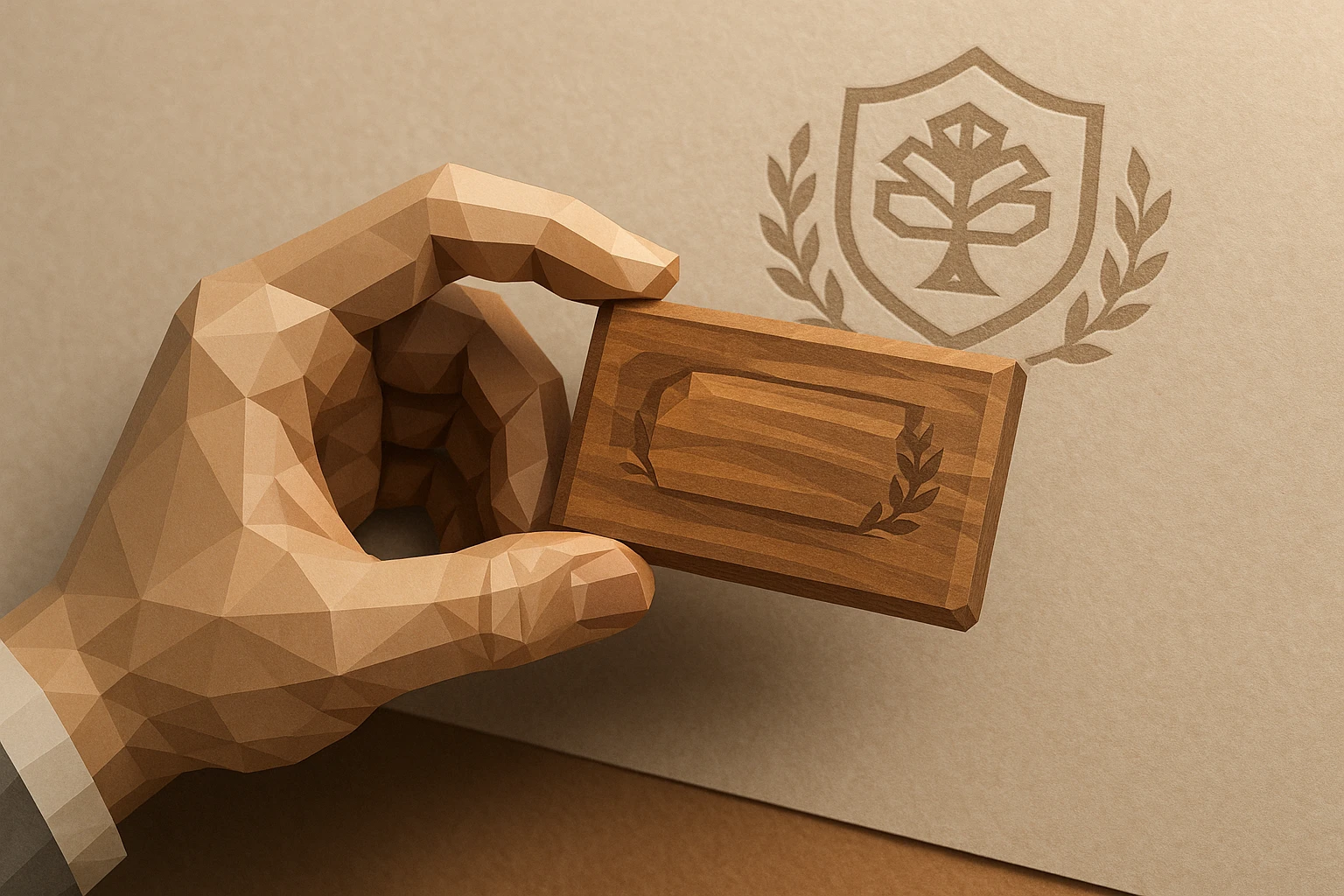 A close-up of a thoughtful hand holding a small, beautifully crafted wooden nameplate engraved with 