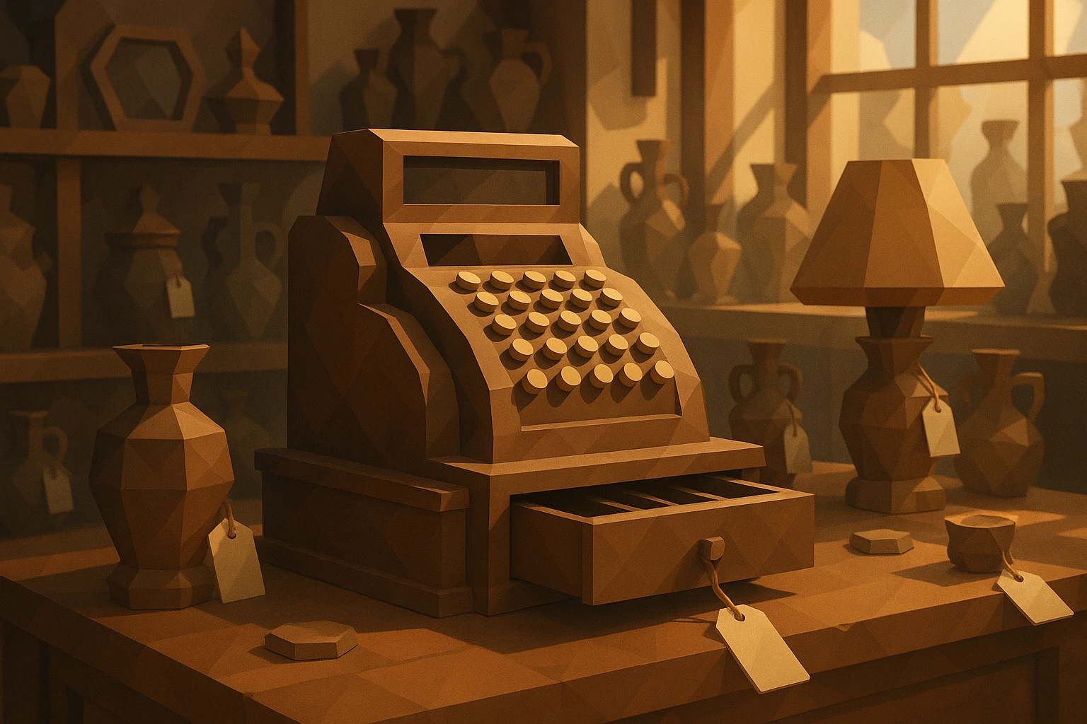 A vintage cash register positioned in a sunlit antique store, surrounded by various heirloom artifacts symbolizing a family legacy, with price tags reflecting the concept of business valuation.