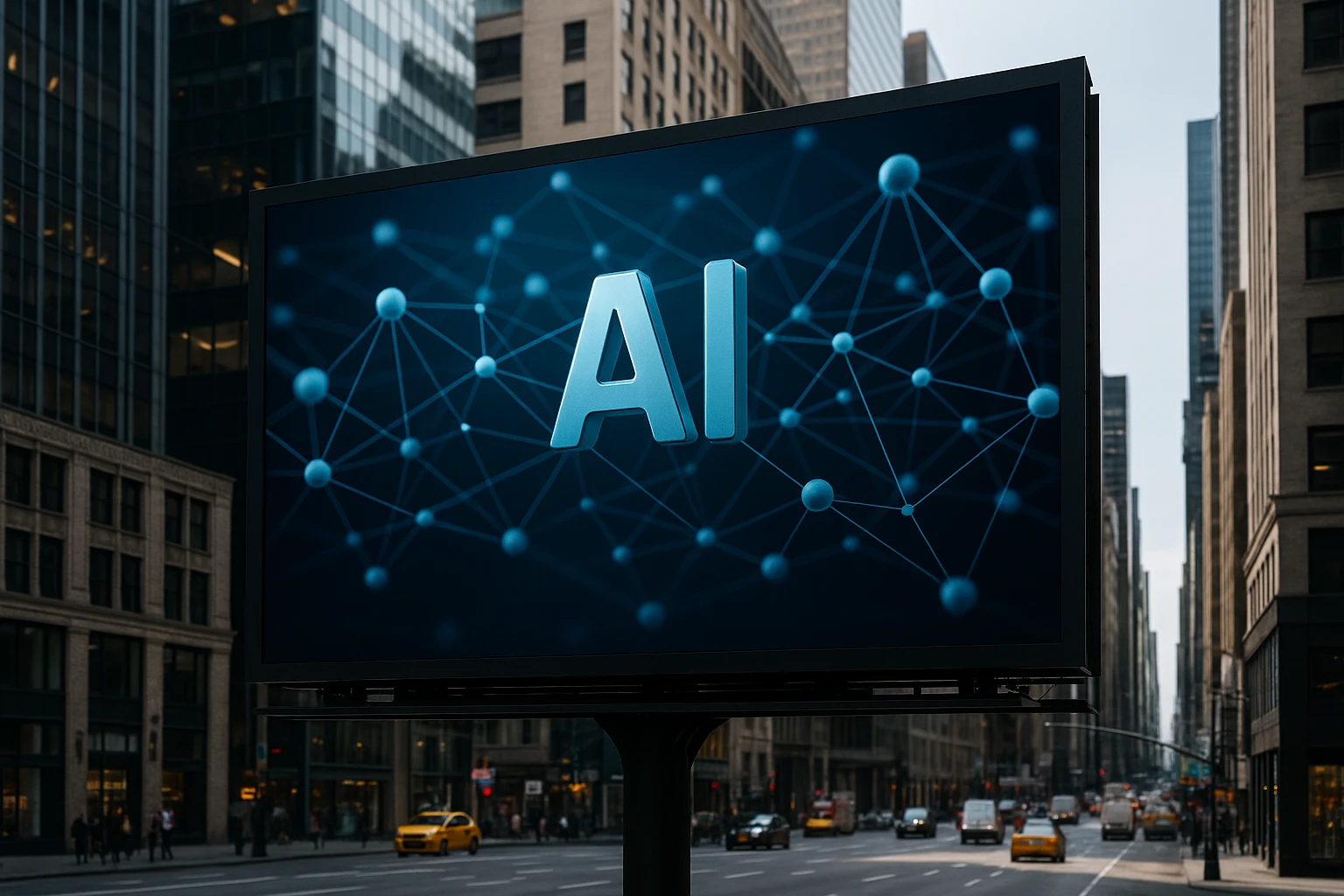 A modern billboard in a bustling city displays an advertisement for The Node Blox, featuring sleek visuals of interconnected AI network graphics, highlighting keywords like 
