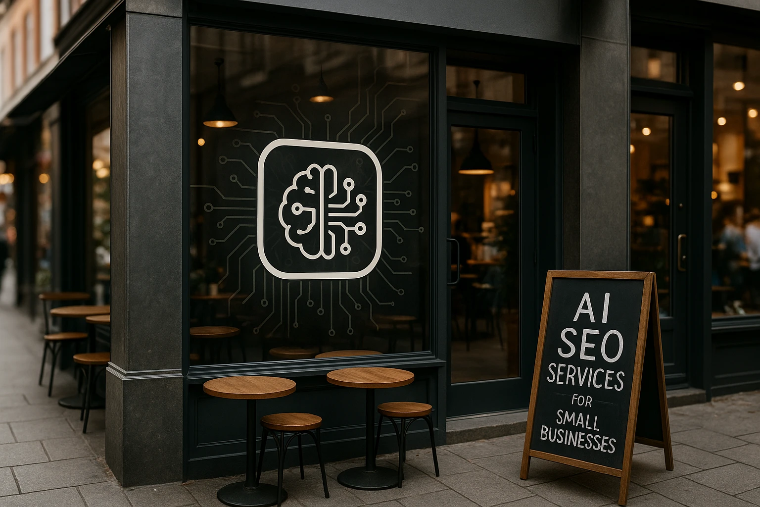 The exterior of a modern cafe in a bustling street, where a large window display showcases The Node Blox logo with graphics of AI circuits, beside a chalkboard sign promoting 