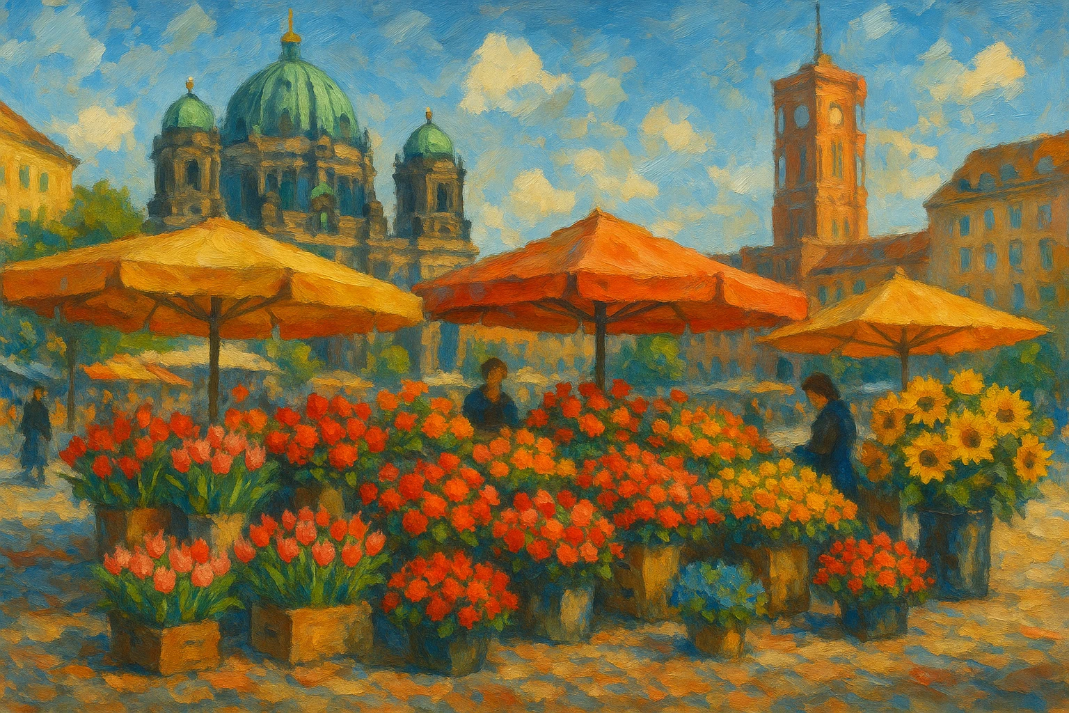 A vibrant outdoor flower market in Berlin with colorful stalls displaying an array of tulips, roses, and sunflowers against the backdrop of historic architecture, under a bright blue sky.