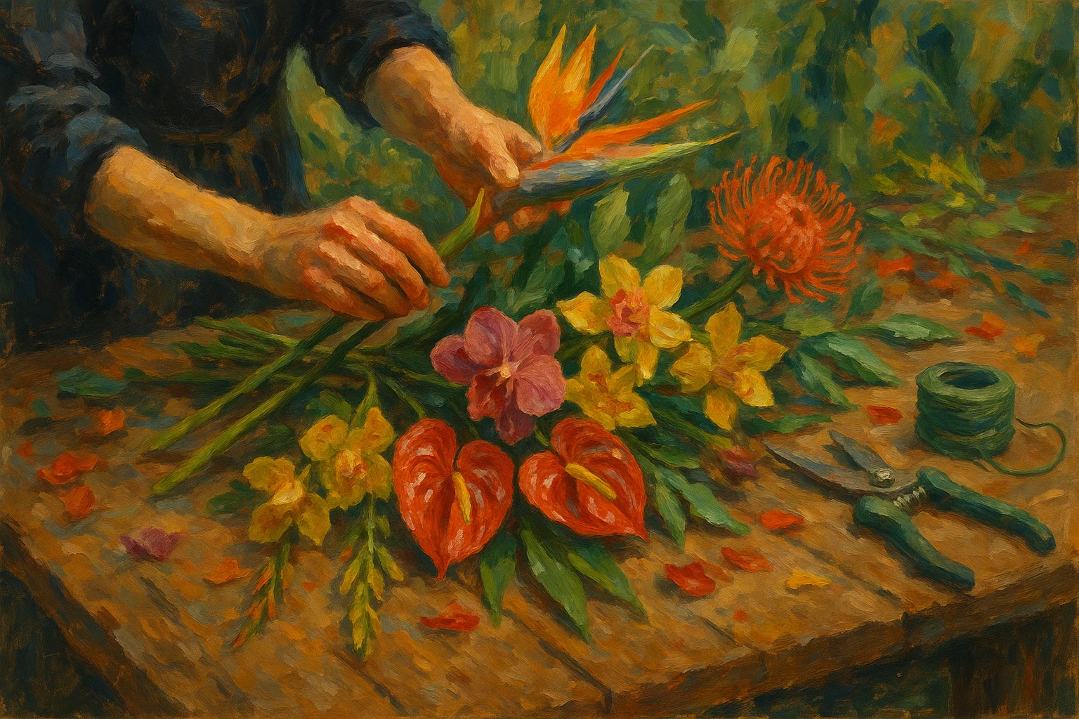 A close-up of a floral arrangement workshop at Berlin's International Green Week, showcasing hands skillfully arranging a variety of exotic flowers on a rustic wooden table, surrounded by gardening tools and vibrant petals.