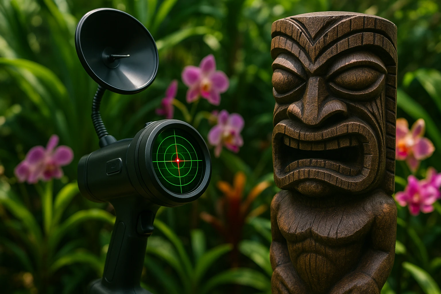 A close-up of a high-tech bug detection device scanning a decorative tiki statue in a lush Hawaiian garden, with tropical foliage and vibrant orchids surrounding the area, emphasizing the fusion of advanced surveillance technology with the serene island environment.