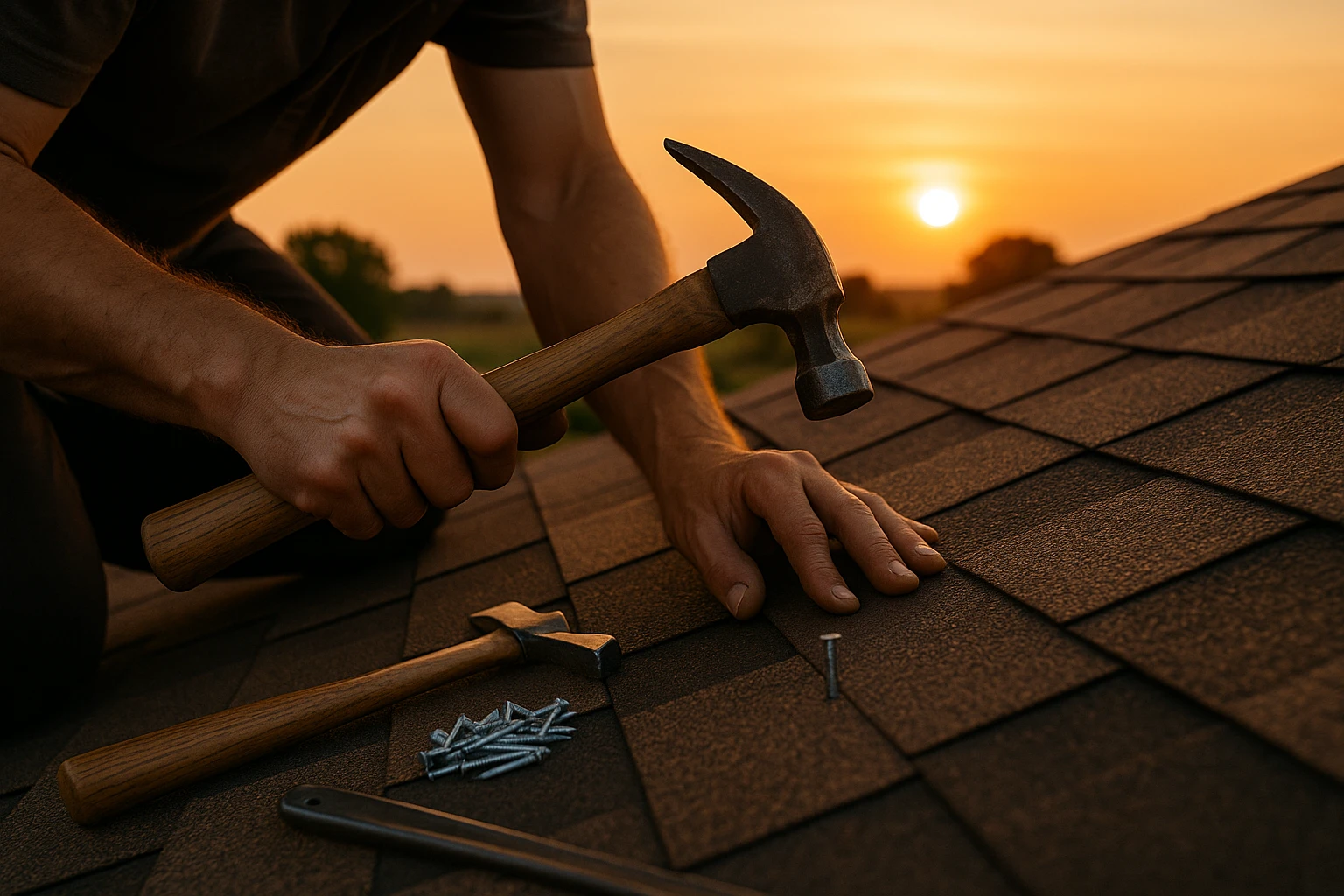 Close-up of a craftsman’s hands installing shingles on a rooftop with the sun setting in the background, showcasing various roofing tools like a hammer and nails laid out beside him.