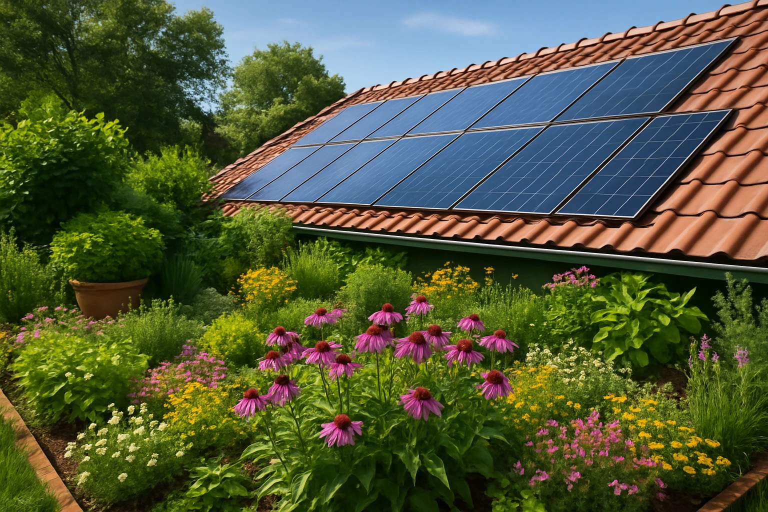 A rooftop garden with solar panels integrated into the roof tiles, surrounded by lush greenery and blooming flowers, illustrating an eco-friendly home with energy-efficient roofing solutions.