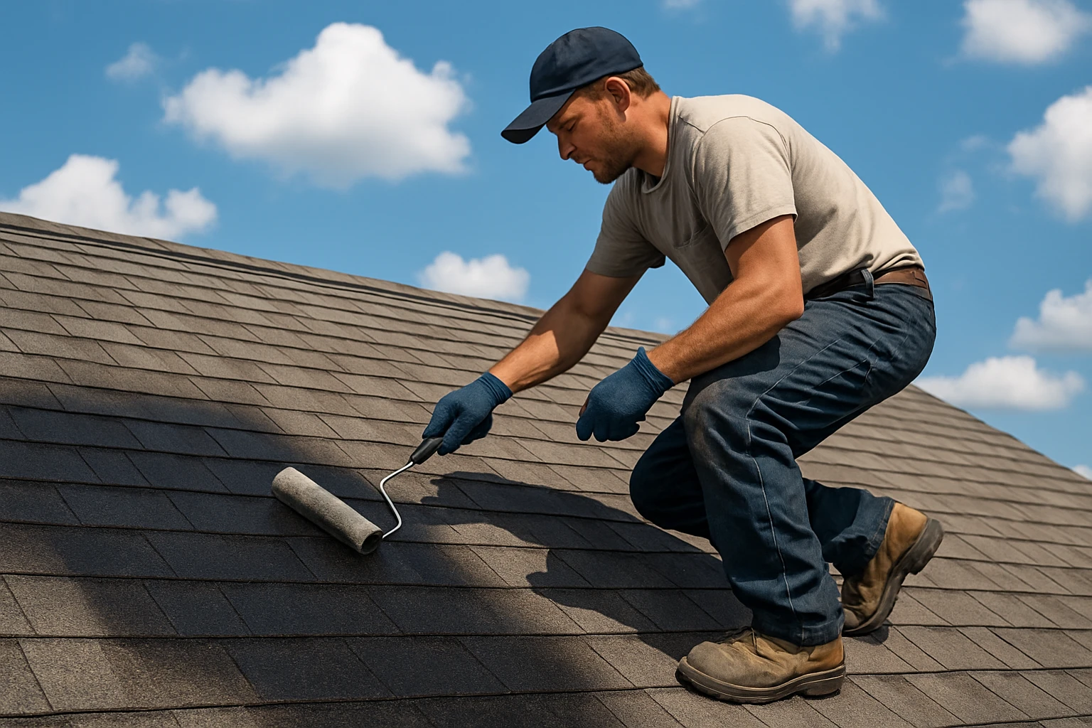 A rooftop scene showcasing a maintenance worker applying a protective sealant to an asphalt roof, with a backdrop of bright blue sky and scattered white clouds, highlighting the contrast between the freshly treated, darkened areas of the shingles and the yet-to-be-treated faded sections.