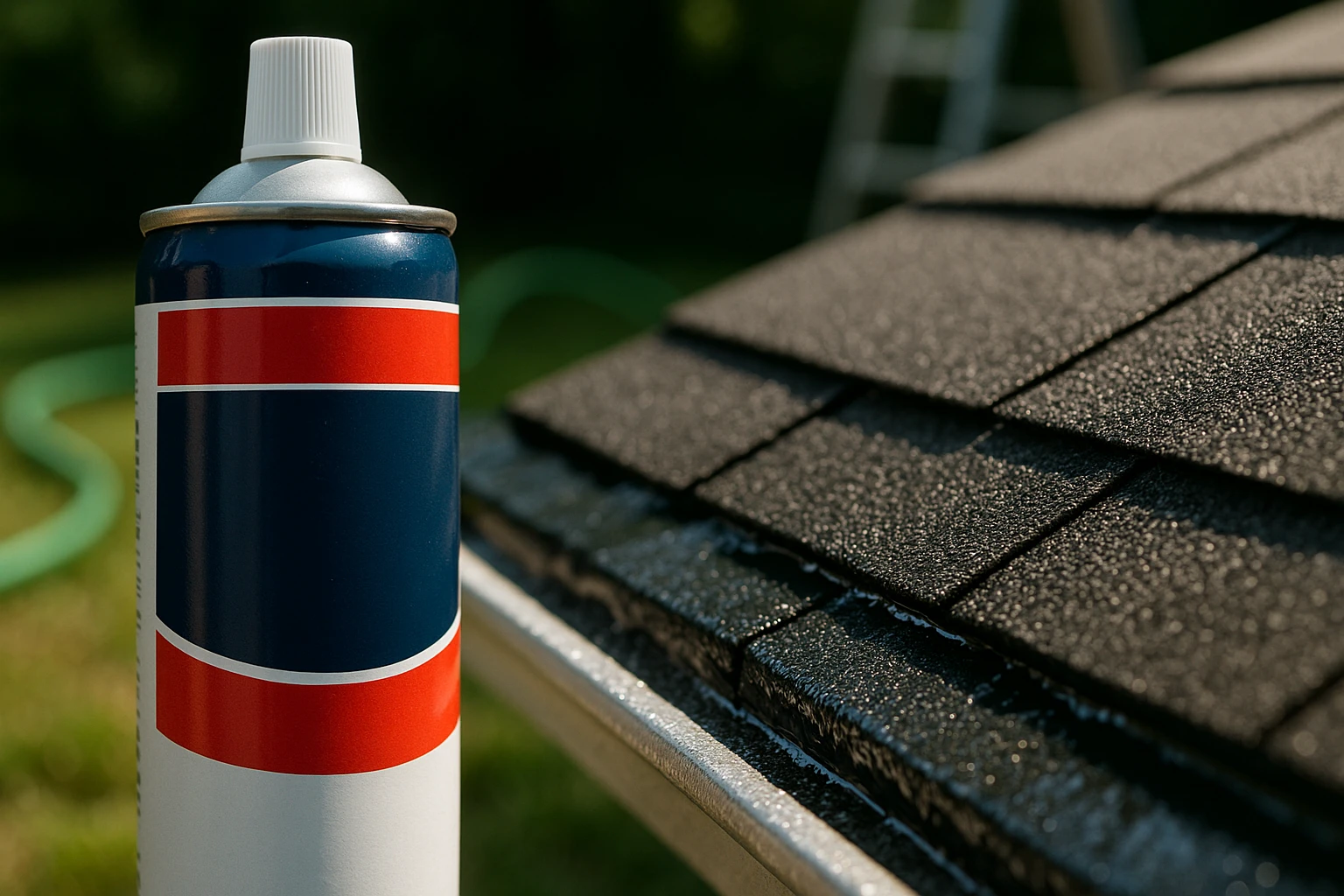 Close-up of a label featuring a popular brand of protective sealant placed against a textured asphalt shingle background, where sunlight highlights the sealant's glossy finish on the edges of the shingles, with a garden hose and ladder subtly visible in the background, suggesting ongoing maintenance.