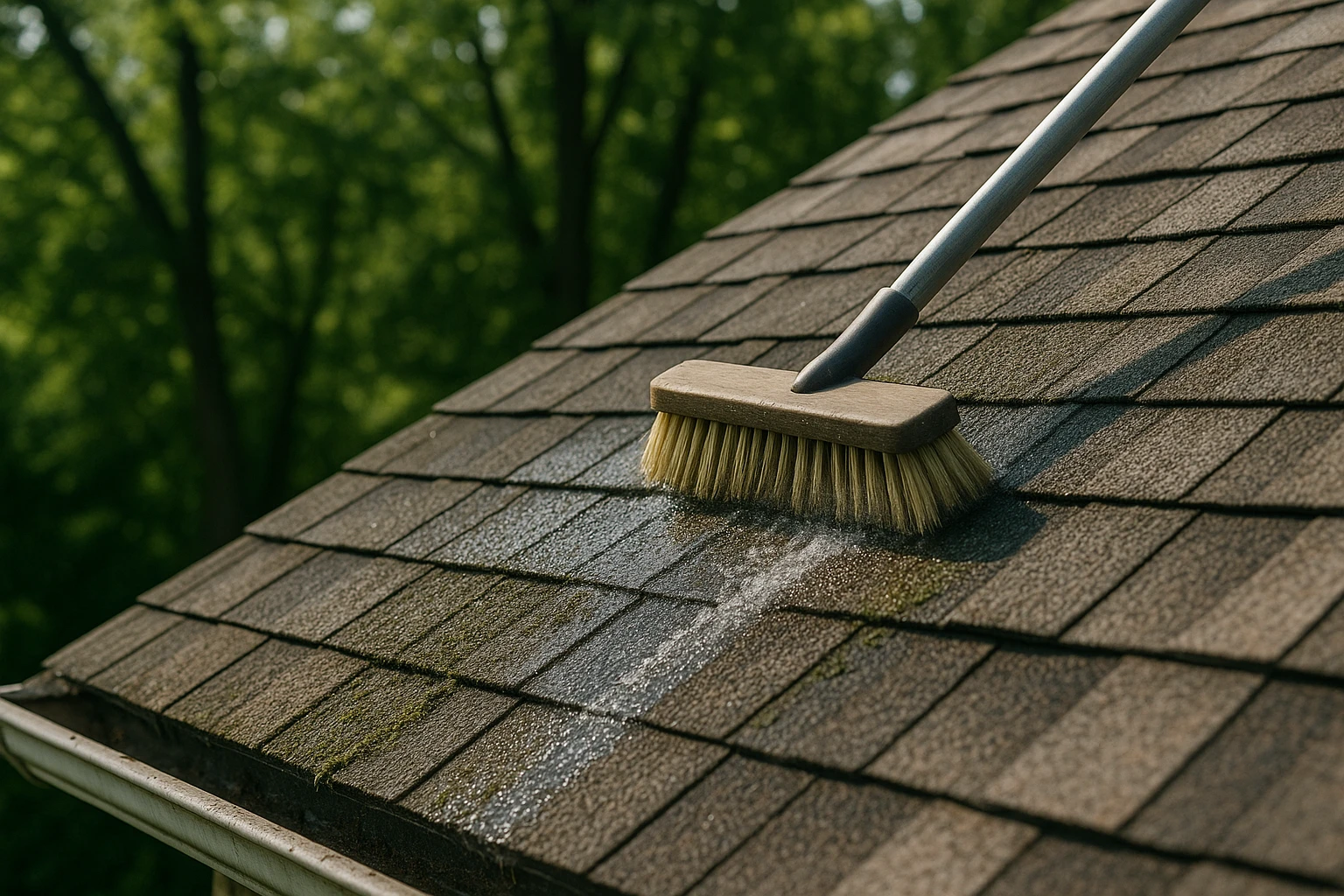 A close-up of a roof showing weathered asphalt shingles being cleaned with a long-handled brush, surrounded by lush green trees in the background, highlighting an outdoor maintenance scene.