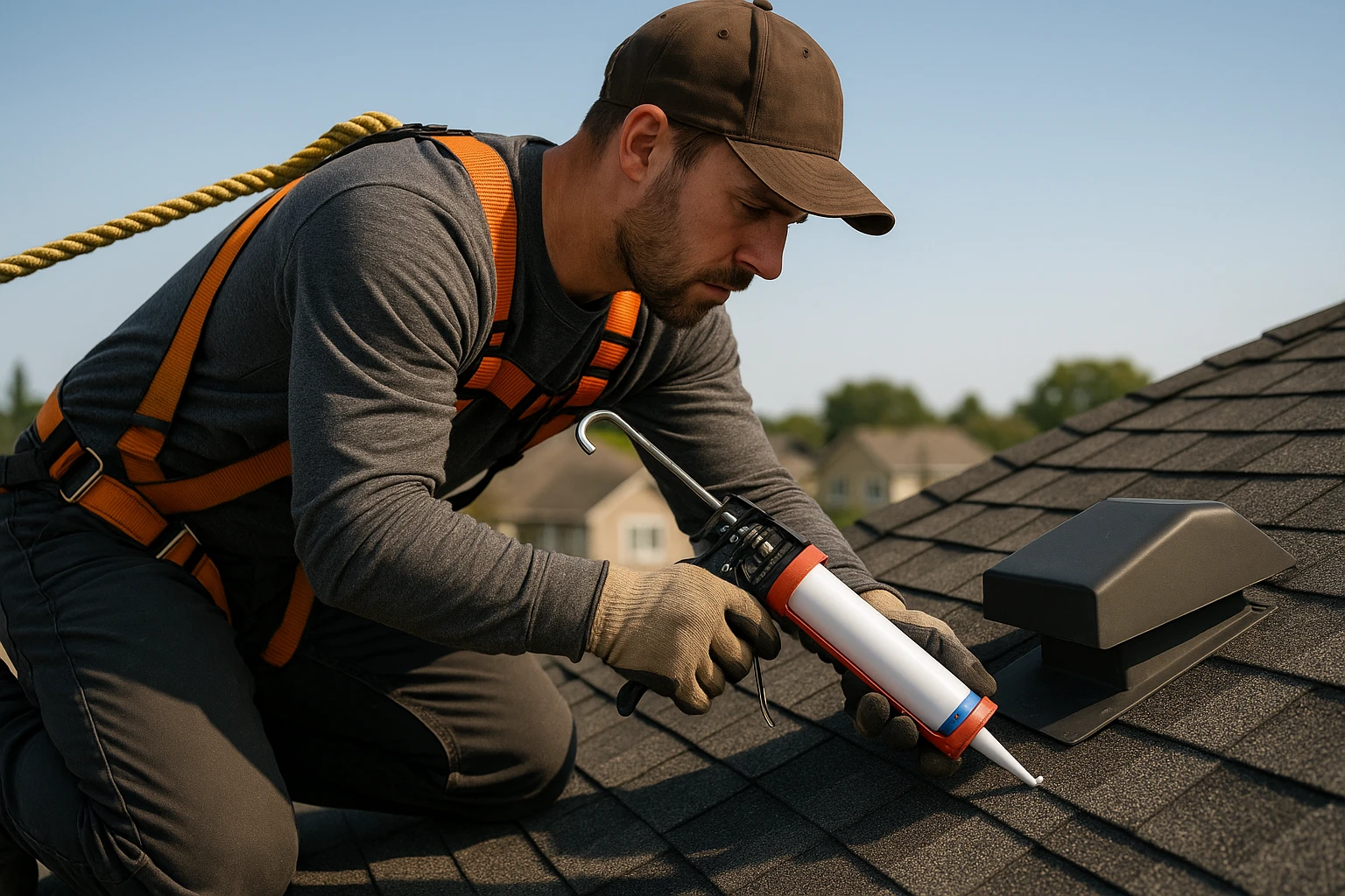 A rooftop scene showing a worker in a safety harness using a caulking gun to seal gaps around a vent on asphalt shingles, with a clear sky and suburban neighborhood in the background.