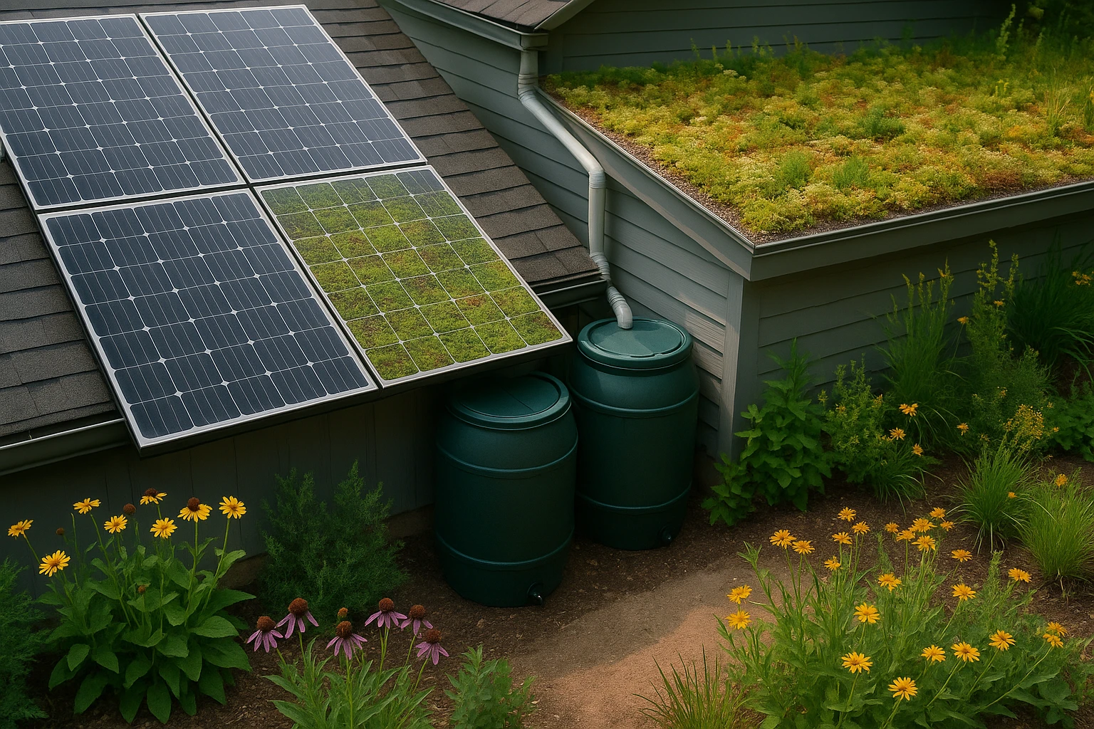 A close-up of a green roof setup with solar panels adjacent to an asphalt roof, highlighting rainwater collection barrels and a nearby garden with native plants.