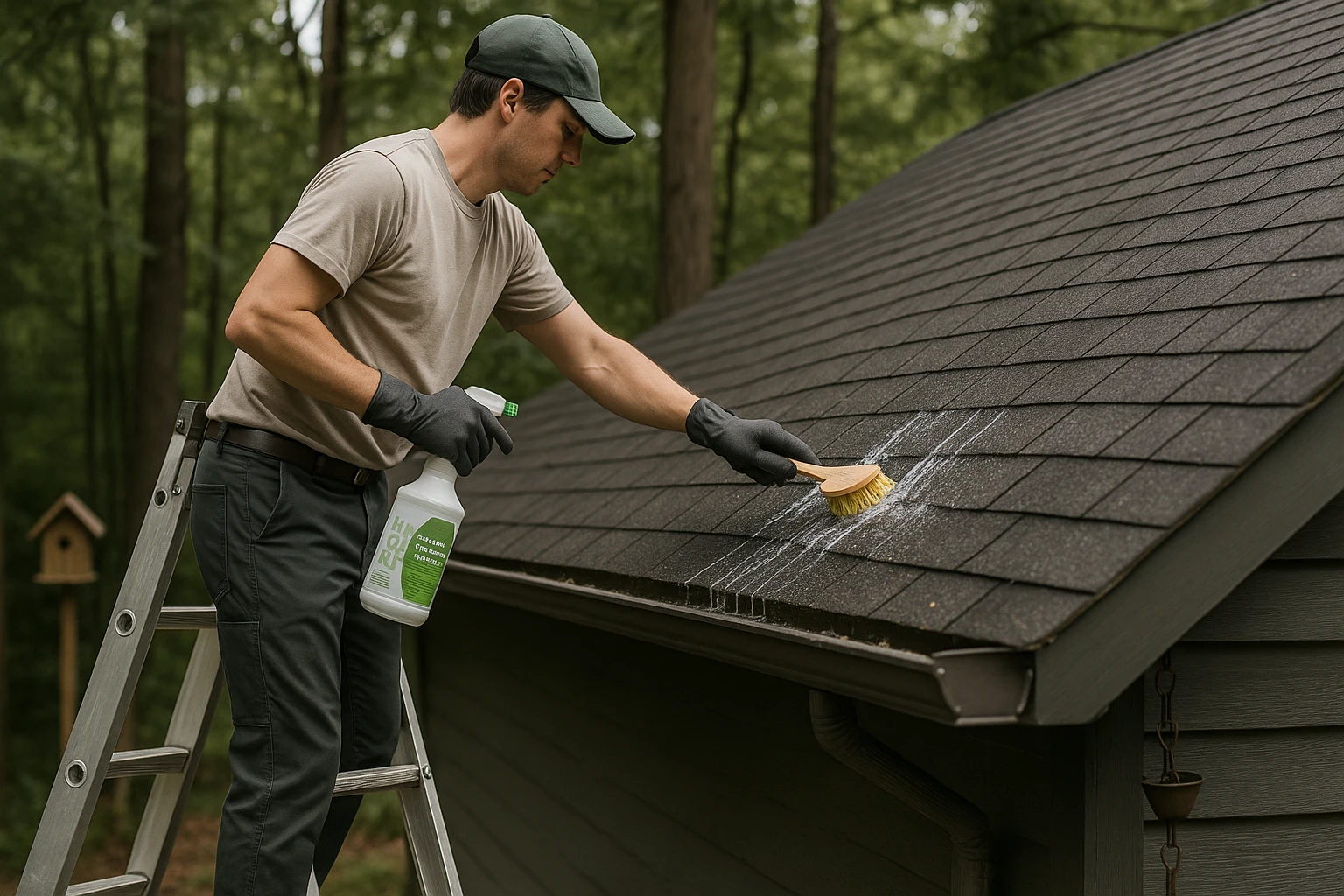 A person on a ladder using a biodegradable cleaning solution and brush to gently clean an asphalt roof surrounded by tall trees, with a simple birdhouse and rain chain visible in the background.