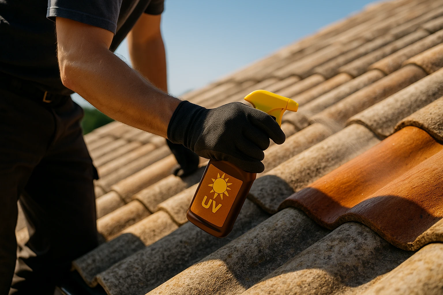 A close-up of a worker applying a rejuvenating oil spray on a sun-bleached, weathered roof, with visible UV protection label on the product bottle and bright sunlight highlighting the roof tiles.