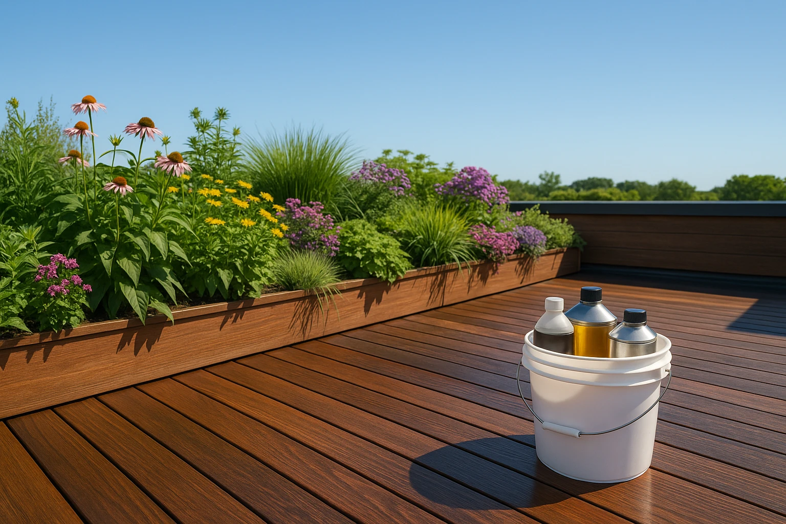 A rooftop garden with lush greenery and flowers growing in planters, accompanied by a bucket of oils and protectants nearby, indicating the rejuvenation process applied to the roof's surface, set against a clear blue sky.