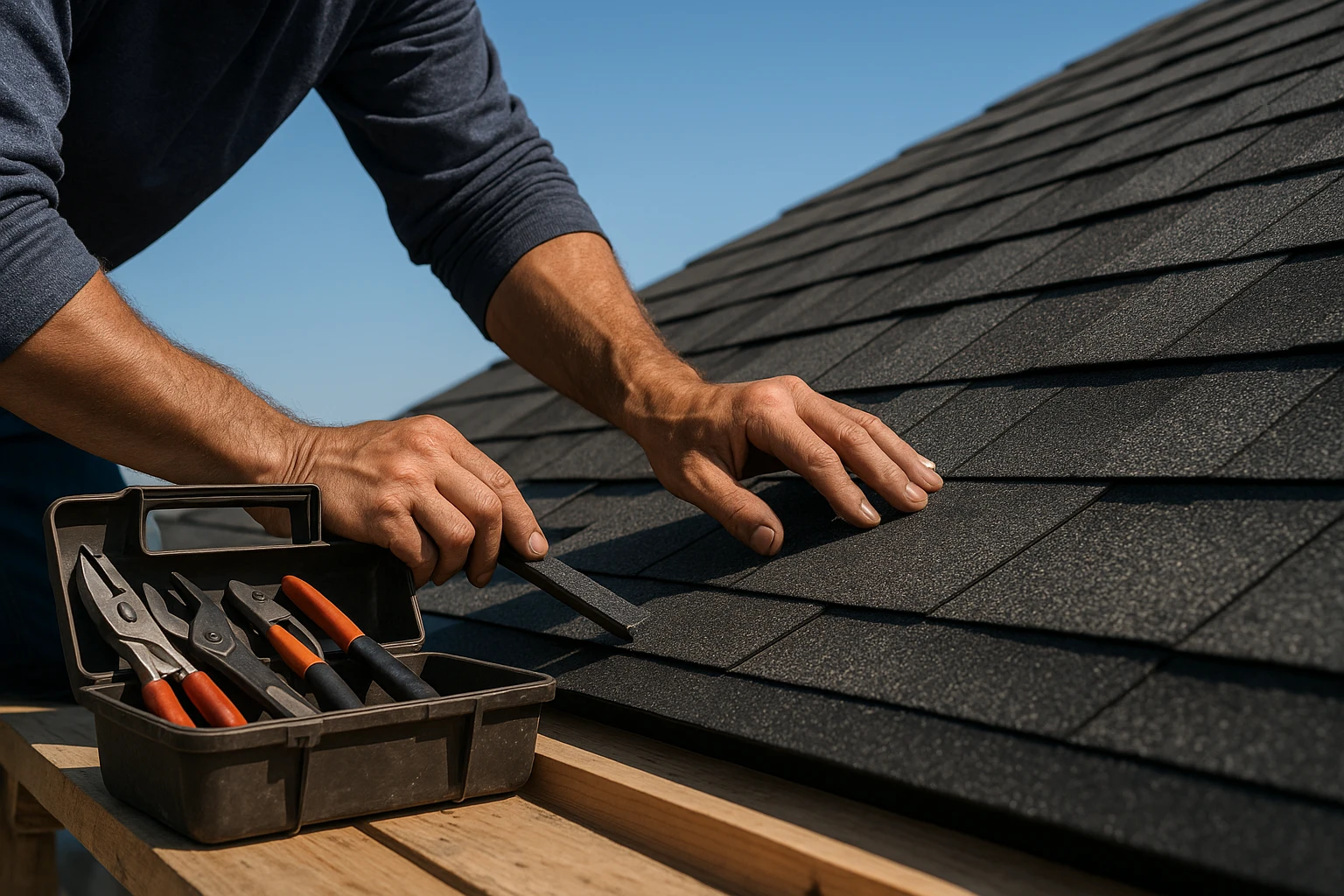 A close-up of a worker's hands skillfully laying shingles on a roof under a clear blue sky, with a toolbox of various roofing tools visible nearby on a wooden scaffold.