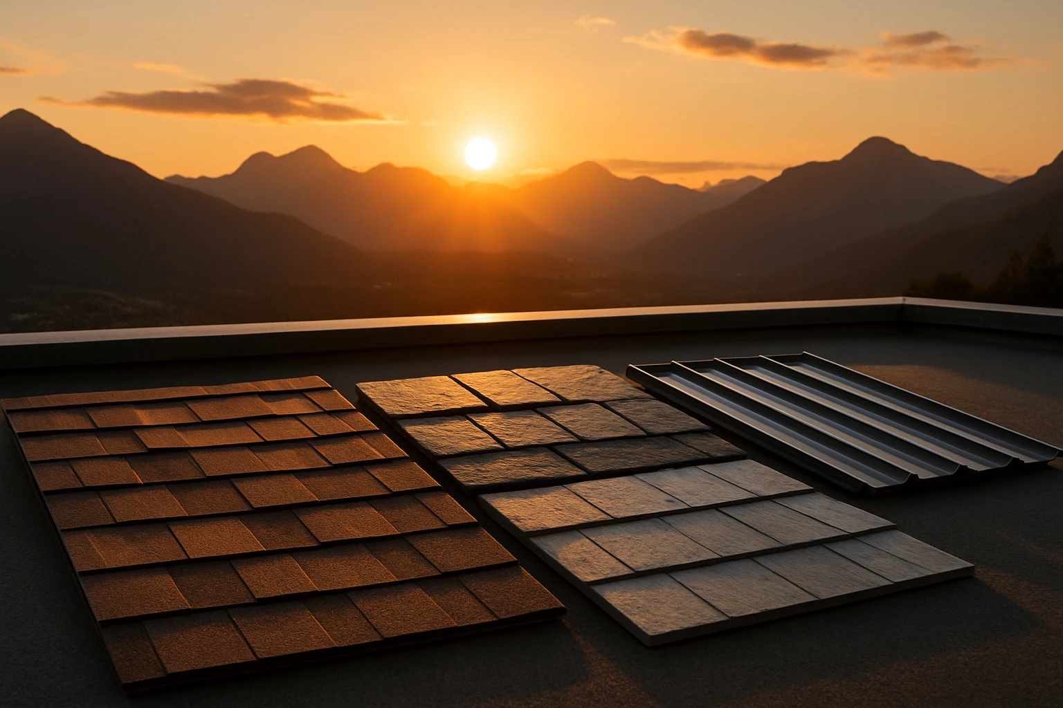 A scenic rooftop view featuring a variety of roofing materials laid out as samples on a flat surface, against a backdrop of mountains, showcasing different textures and colors of asphalt shingles, slate, and metal sheets under a golden sunset.