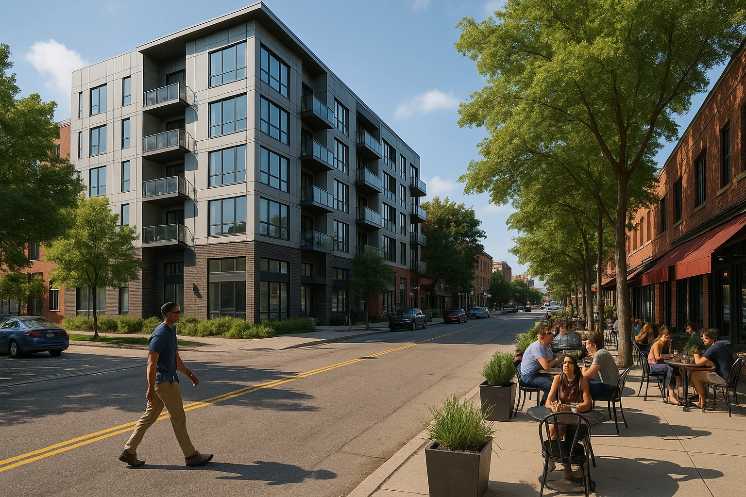 A vibrant street scene in Detroit, showcasing a modern apartment building with clear signage of a well-known housing company, surrounded by lush greenery and nearby cafes catering to young professionals and interns.