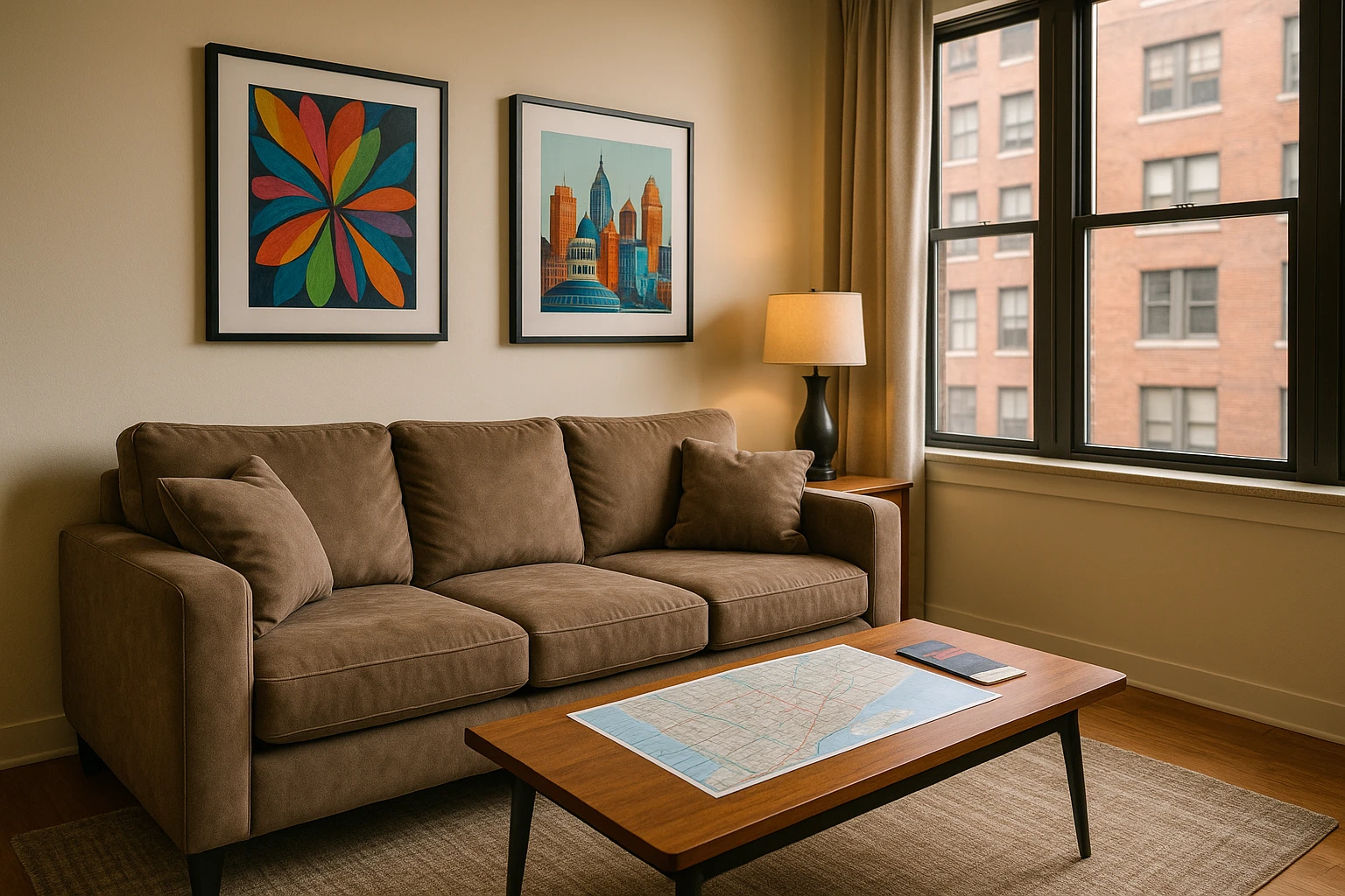 A cozy living room inside a Detroit apartment showcasing a stylish interior with a plush sofa, vibrant artwork on the walls, and a coffee table with a map of Detroit and a brochure from Detroit Furnished Rentals, illuminated by soft natural light streaming in through large windows.