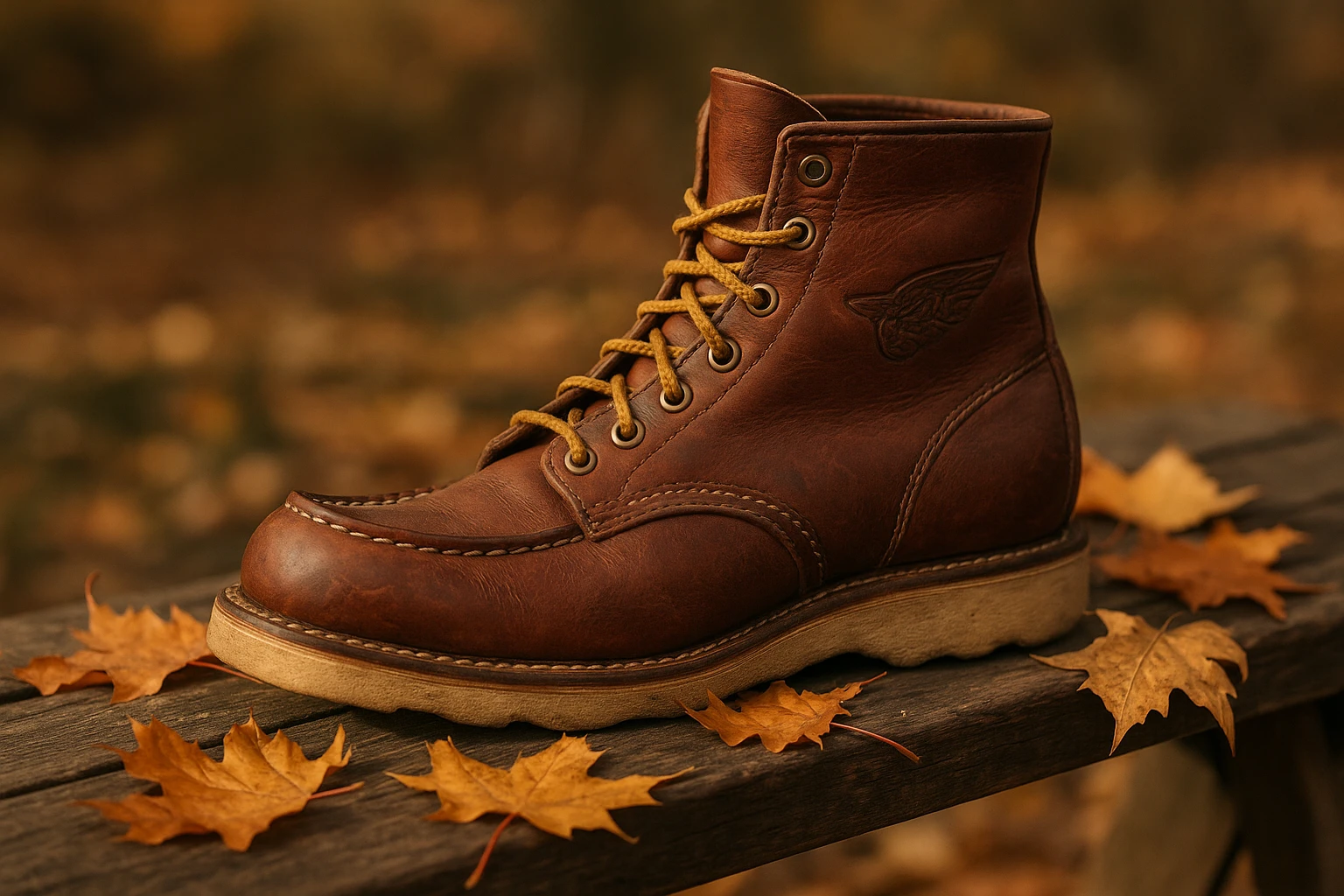 A vintage leather boot with the Red Wings logo, resting on a rustic wooden bench surrounded by autumn leaves, symbolizing the brand's history in fashion and craftsmanship.