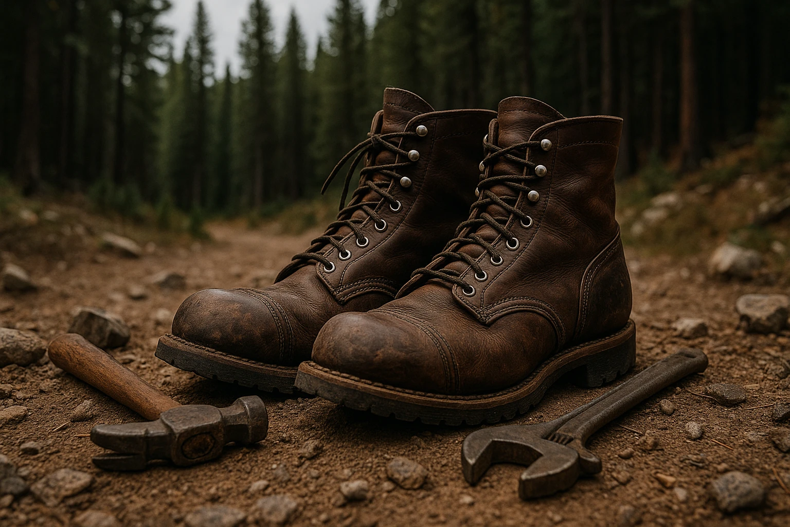 A pair of well-worn Red Wings Iron Ranger boots standing on a rocky trail, surrounded by rugged tools like a hammer and wrench, set against a backdrop of a dense pine forest, highlighting their heritage in outdoor craftsmanship.