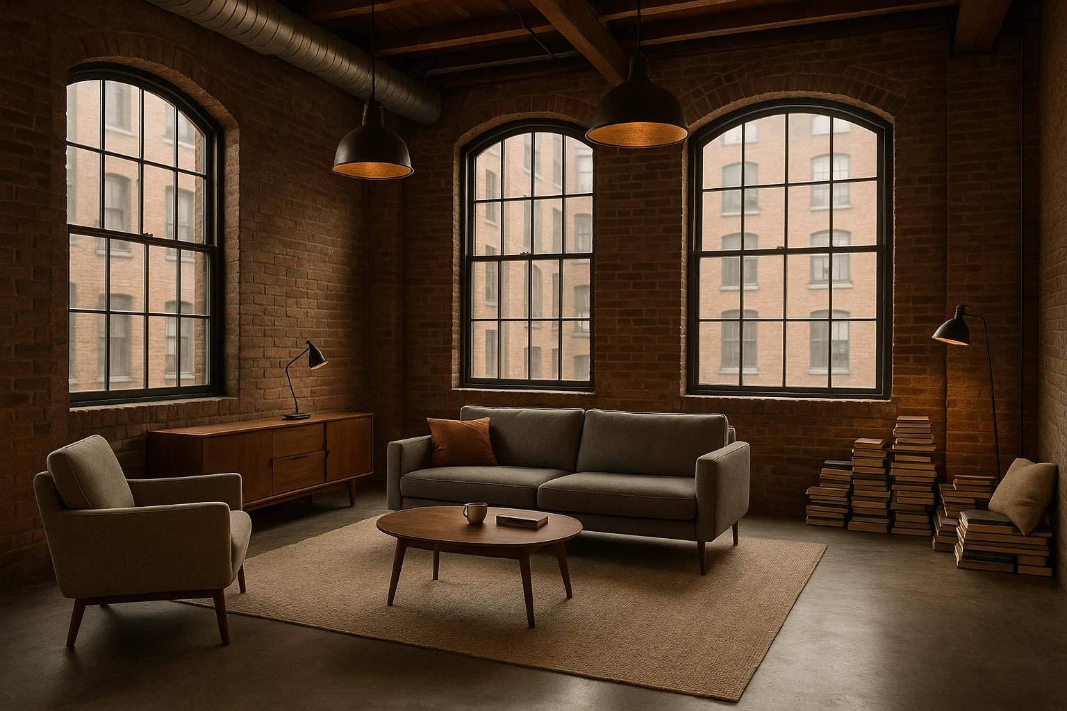 A spacious urban loft with exposed brick walls and large, arched windows, featuring modern, minimalist furniture, a cozy reading nook with stacked books, and industrial-style lighting fixtures casting a warm glow.