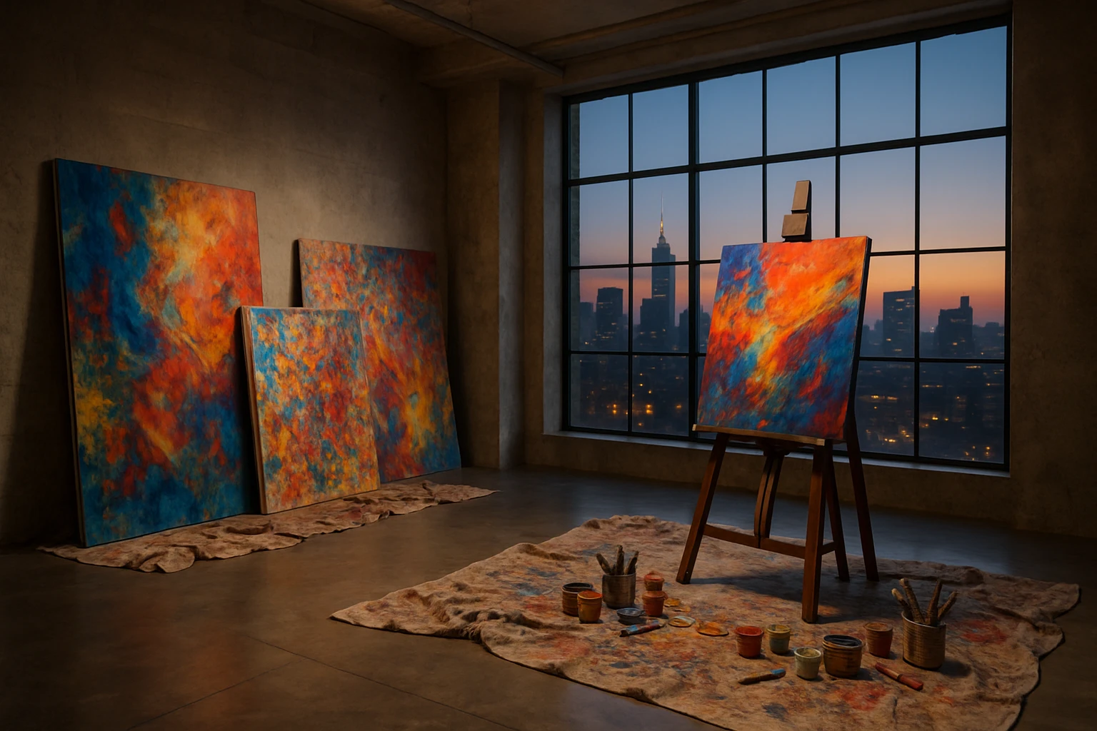 A downtown loft with a polished concrete floor featuring an art studio setup, complete with vividly colored canvases leaning against the wall, paint-splattered drop cloths, and an easel near a large window offering a panoramic view of the city skyline at dusk.