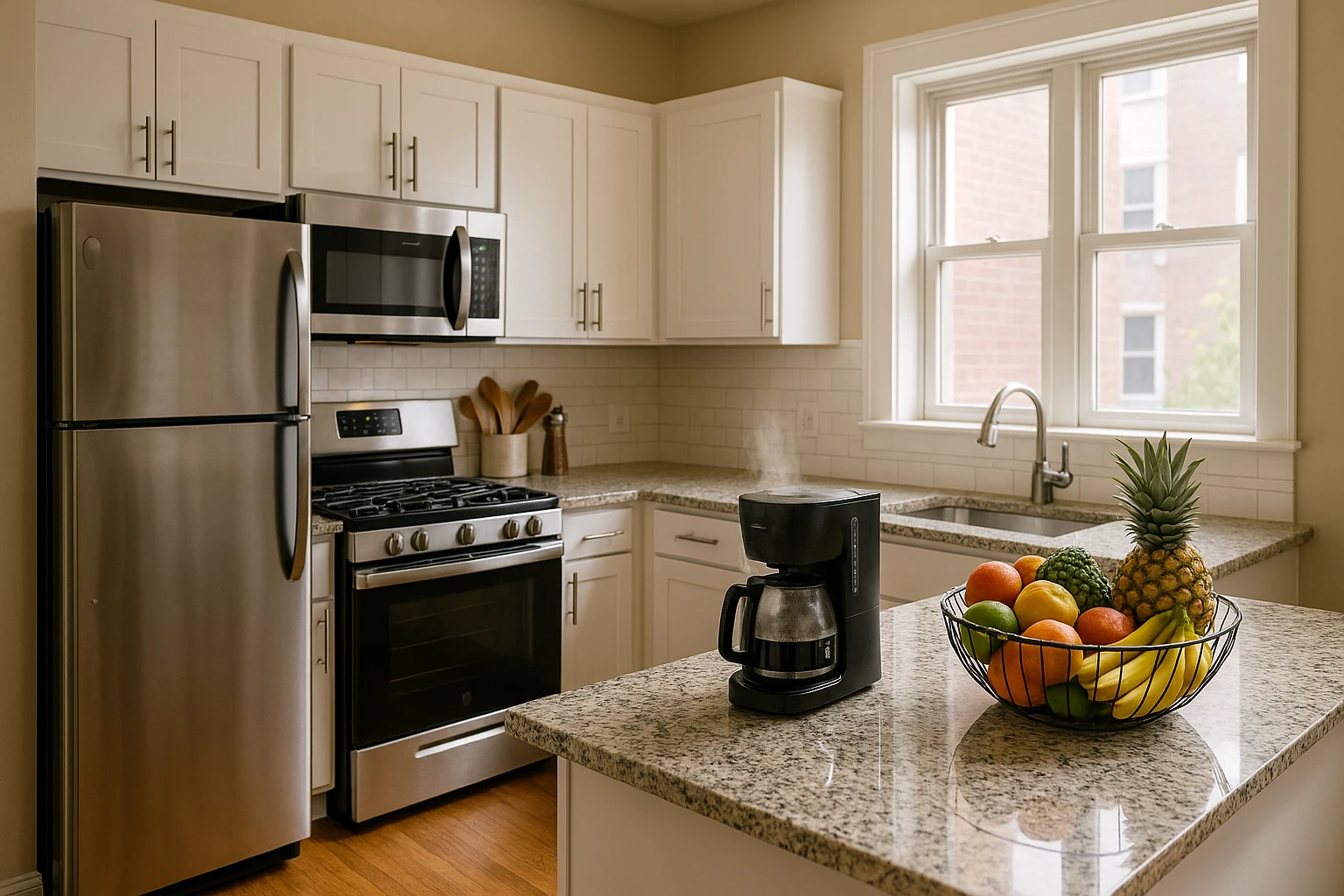A bright kitchen space in a cozy Detroit apartment features modern appliances, a spacious granite countertop with cooking utensils, and fresh produce arranged in a fruit basket beside a steaming coffee maker.