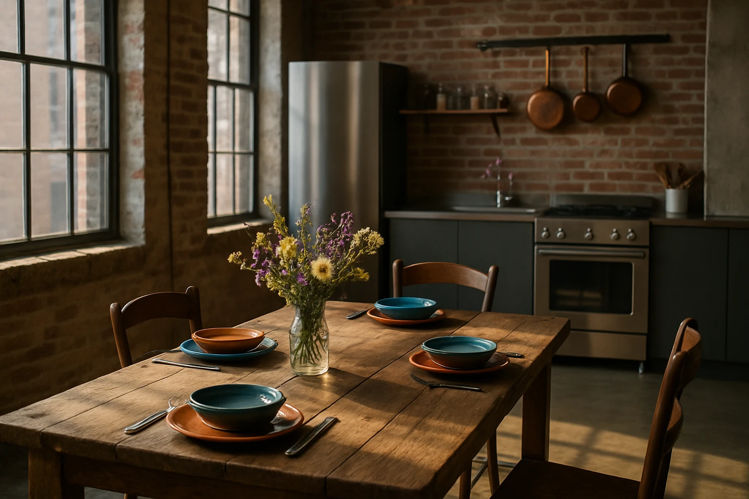 A sunlit Detroit loft features a rustic wooden dining table set with colorful ceramic dishes, a bouquet of wildflowers, and an open view into a sleek, stainless steel kitchen equipped with hanging copper pots and an array of spice jars on a floating shelf.