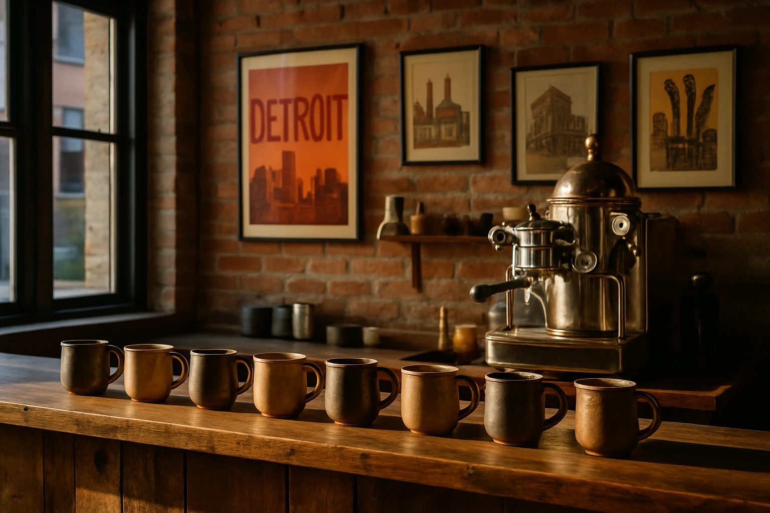 A sunlit Detroit coffee house features a rustic wooden counter adorned with a row of handcrafted ceramic coffee mugs, an antique espresso machine gleaming with brass details, and a wall lined with local art, reflecting the city's industrial charm and creative spirit.