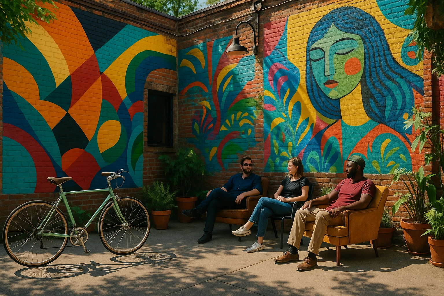 An outdoor scene at Trinosophes in Detroit's Eastern Market shows colorful murals on brick walls, a vintage bicycle parked outside, and patrons lounging on mismatched chairs on a sun-dappled patio, surrounded by potted plants and vibrant street art.
