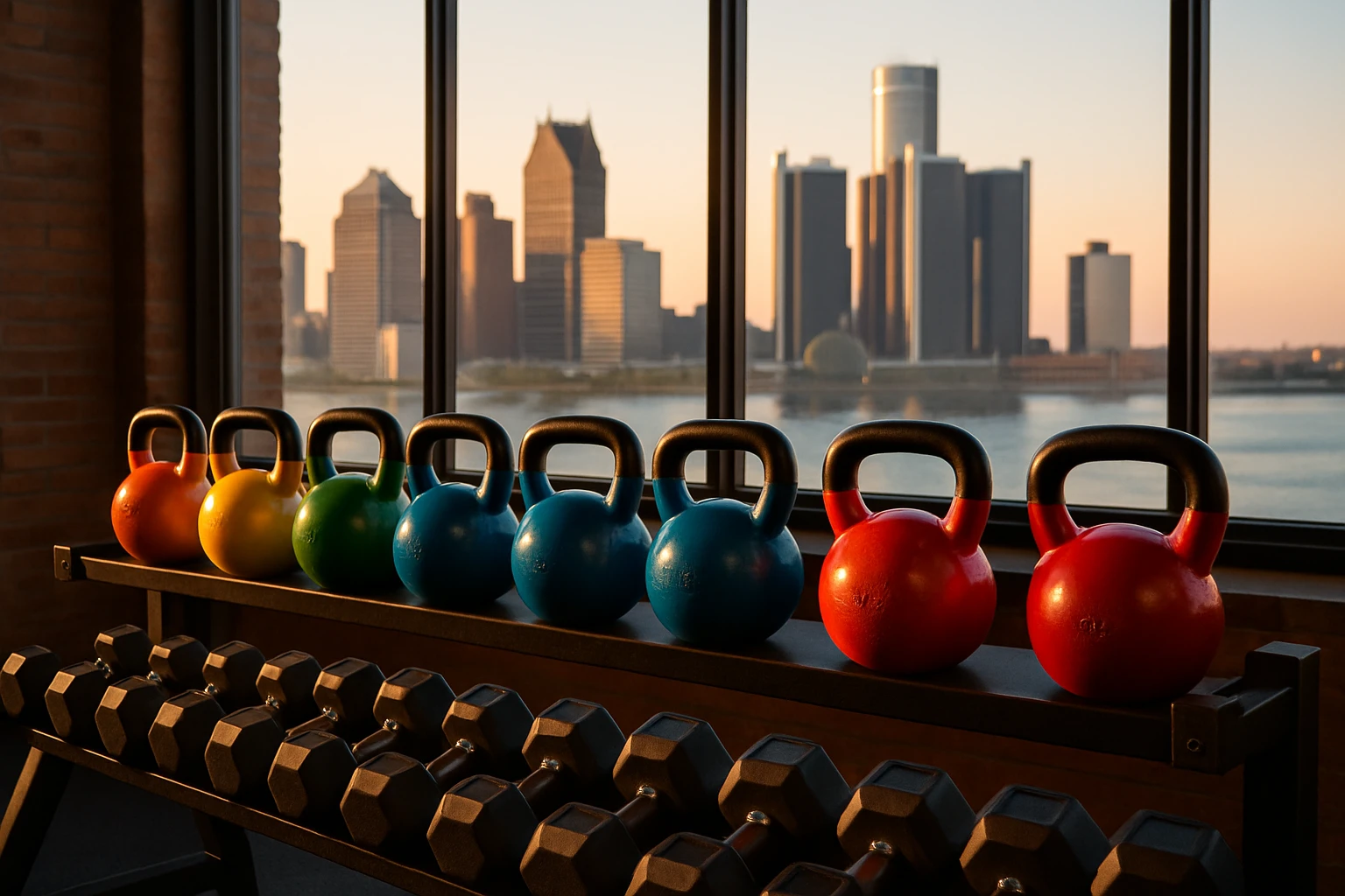 A vibrant Detroit gym scene featuring a row of colorful kettlebells and dumbbells neatly arranged on racks with large windows behind showcasing the city's iconic skyline, bathed in the glow of a morning workout session.