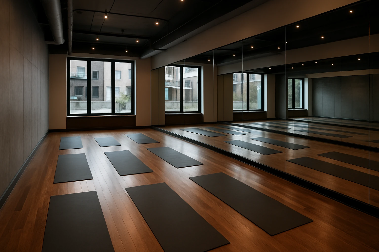 A sleek, modern boutique fitness studio in Detroit featuring a minimalist interior with large mirrors, a polished wooden floor, and an array of yoga mats aligned neatly under soft, ambient lighting, emphasizing a serene and focused atmosphere.