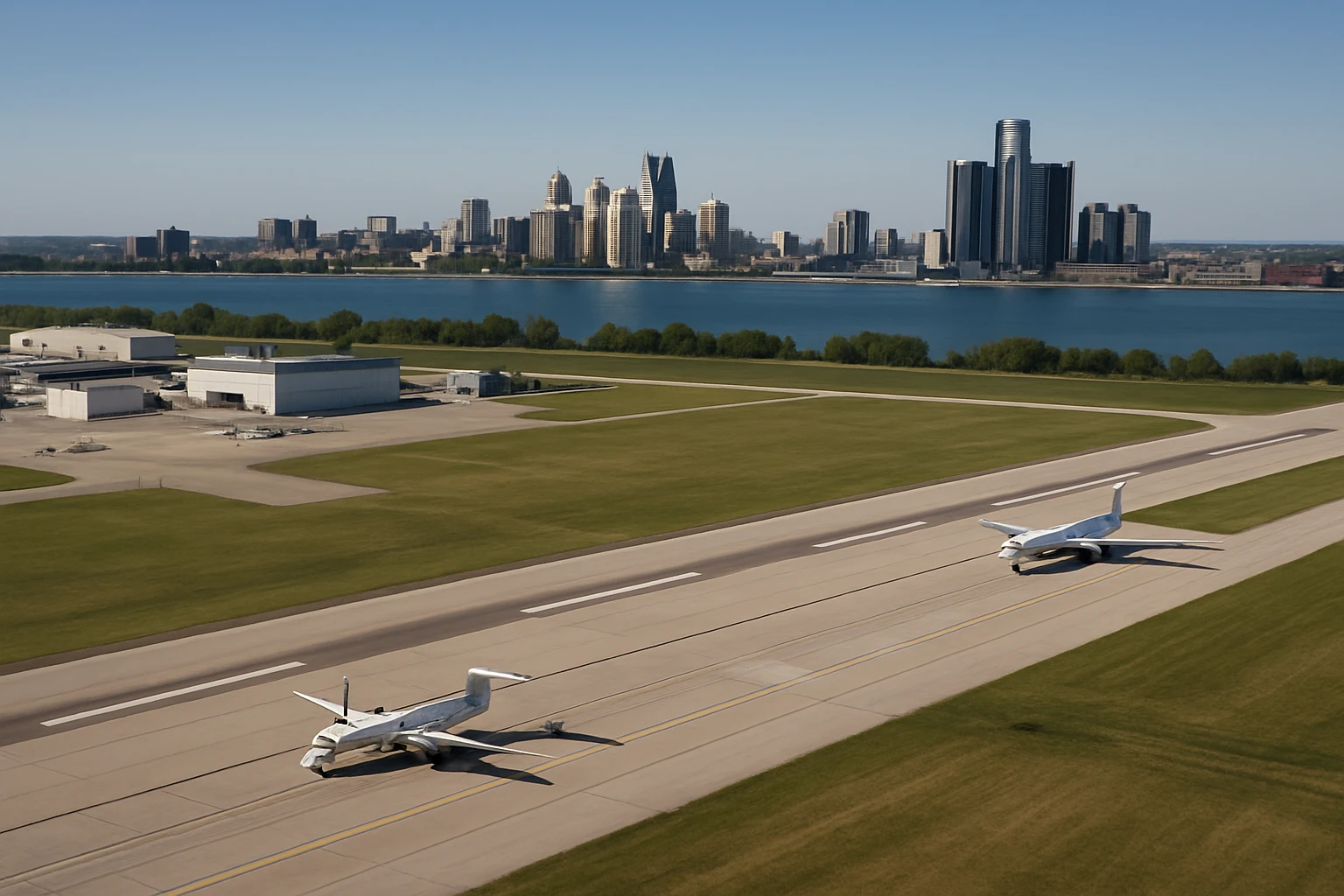 Aerial view of Windsor International Airport with planes taxiing on the runway, the Detroit skyline visible in the background across the river.