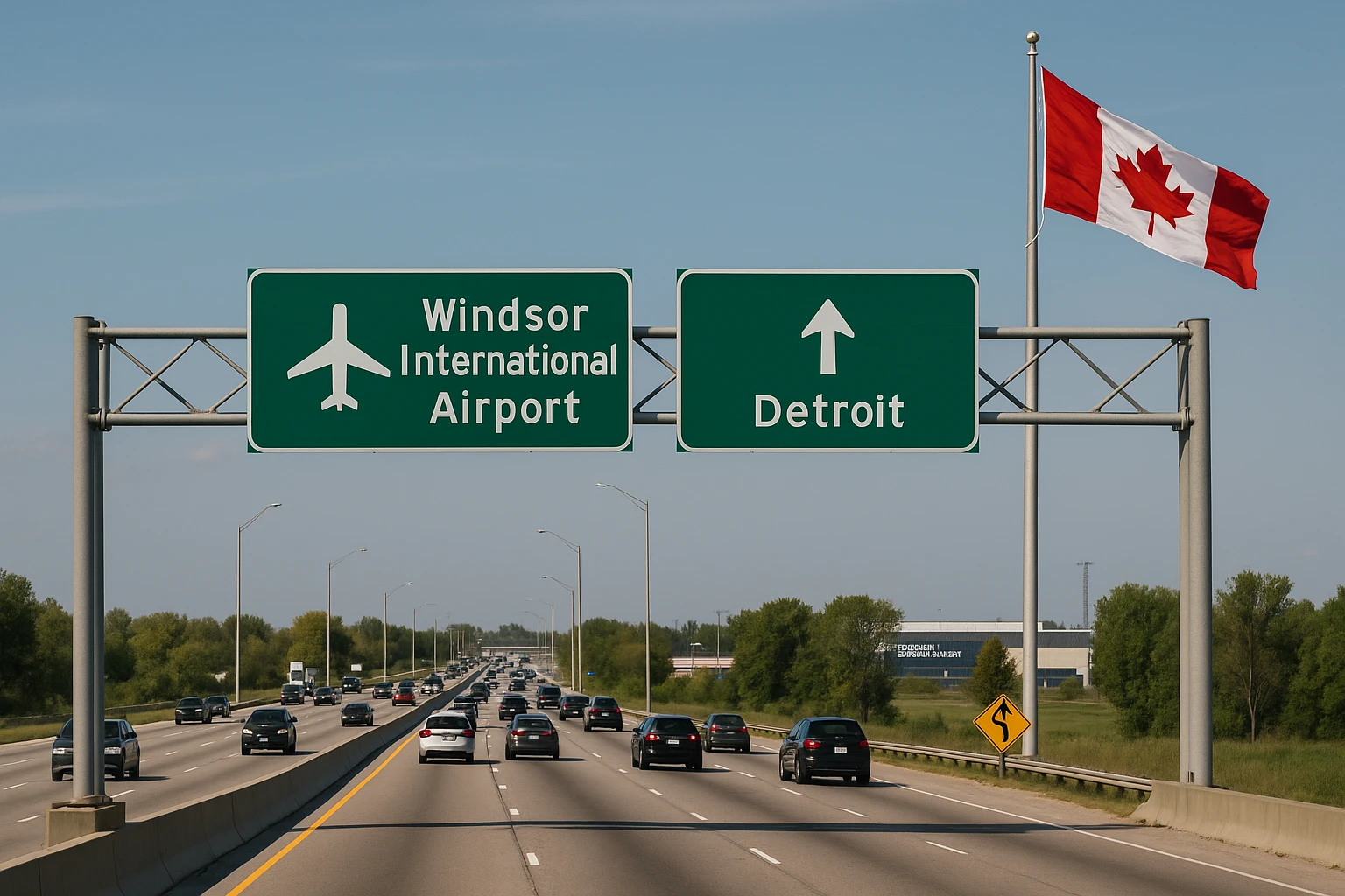 A busy highway leading to Windsor International Airport, with clear signage showing directions to both the airport and Detroit city, and a Canadian flag waving prominently near the entrance.