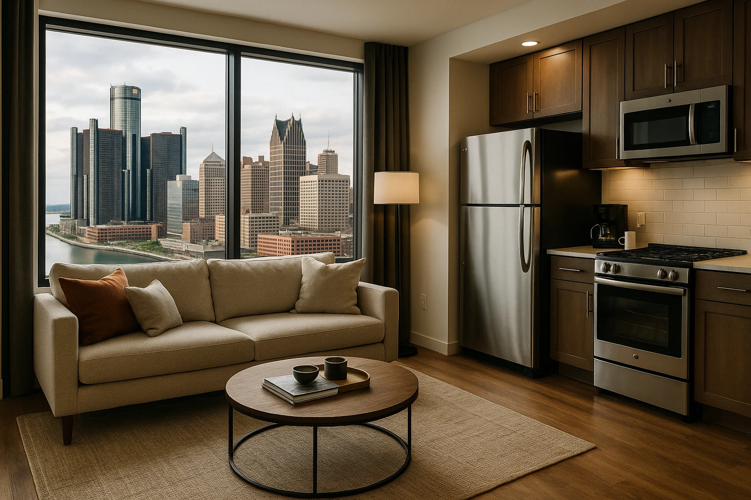A modern, fully-furnished apartment interior with a cozy living room featuring a large floor-to-ceiling window overlooking the vibrant Detroit skyline, complete with a plush couch, stylish coffee table, and a compact kitchen area with stainless steel appliances and a stocked coffee station.