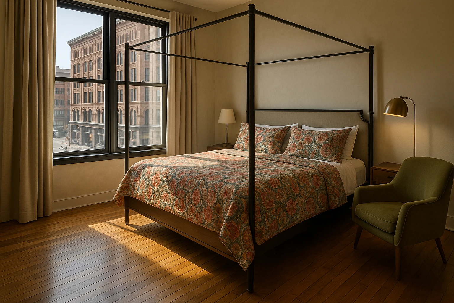 A sunlit bedroom in a Detroit apartment featuring a plush four-poster bed with vibrant, patterned bedding, a vintage hardwood floor, a stylish armchair next to a reading lamp, and a window showcasing a bustling street-view with historic architecture.