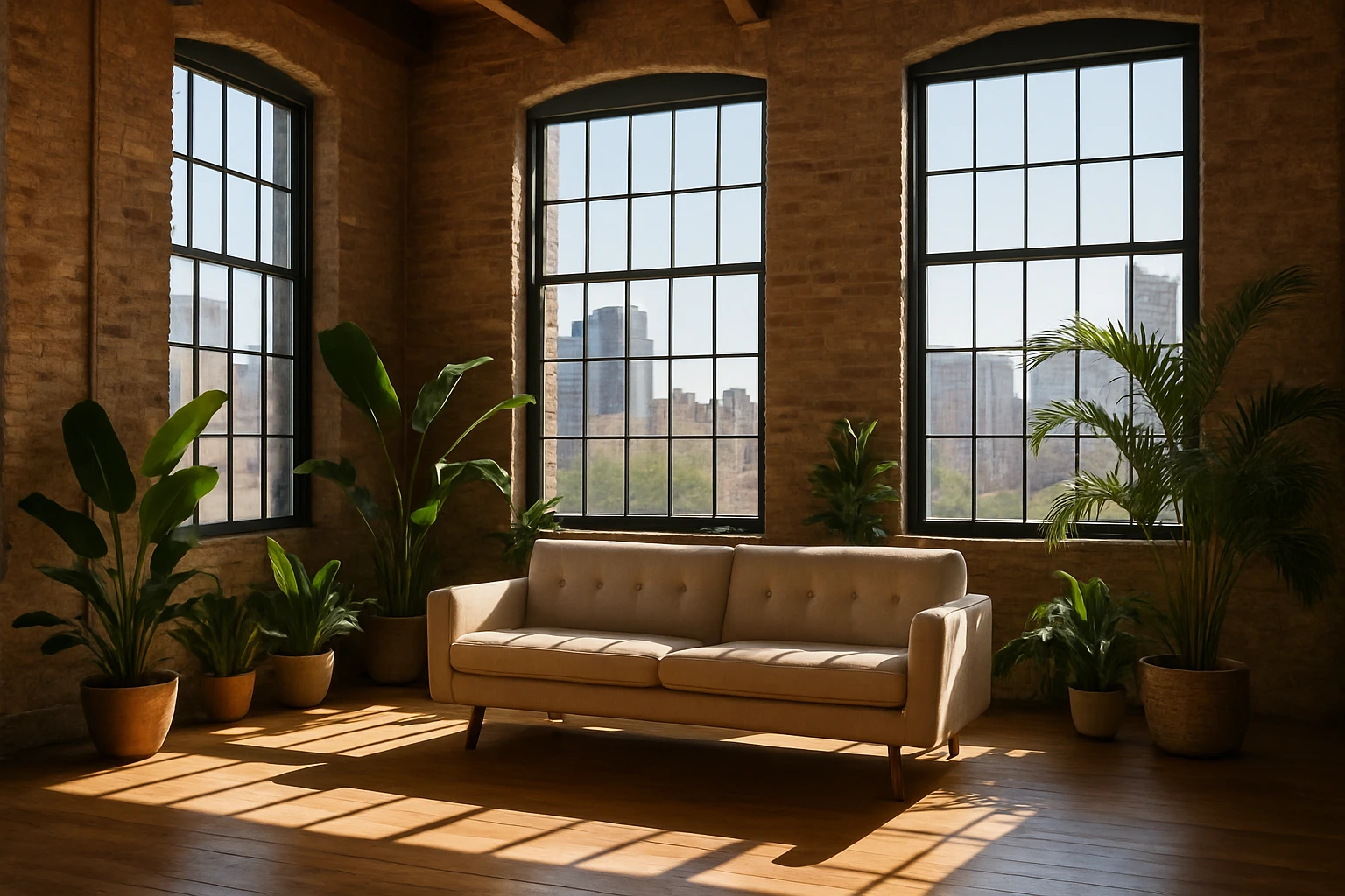 A view of a spacious, sunlit loft in downtown Detroit featuring exposed brick walls, large industrial windows with black frames, and an elegant mid-century modern couch surrounded by lush indoor plants.