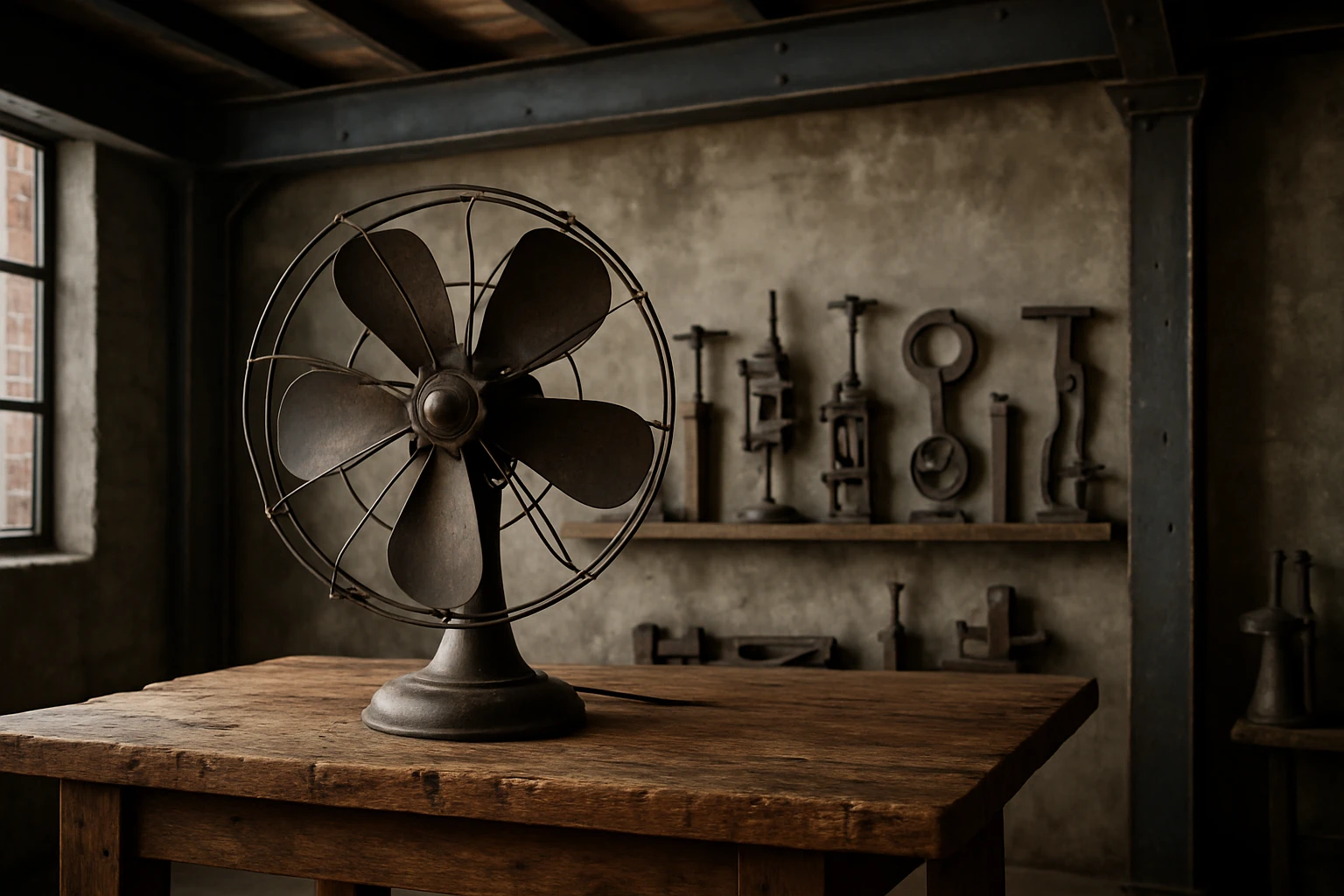 A downtown Detroit loft showcasing a vintage metal fan on a reclaimed wooden table, with exposed steel beams above and an eclectic mix of antique factory tools displayed on a shelf against a textured concrete wall.