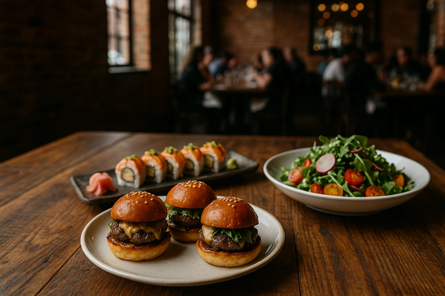 A rustic wooden table adorned with dishes showcasing Corktown's culinary diversity: a plate of gourmet sliders, an artful arrangement of sushi, and a vibrant, fresh salad, set against the backdrop of a bustling, historic brick-walled restaurant.