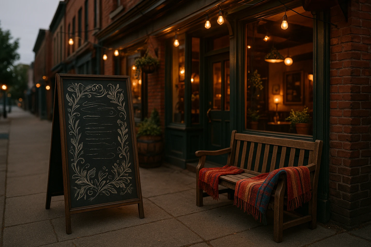A vibrant street view in Corktown showcasing a cozy, vintage-style bistro with an artfully designed chalkboard menu on the sidewalk, next to a wooden bench draped with colorful blankets, under the warm glow of string lights hanging above the entrance.