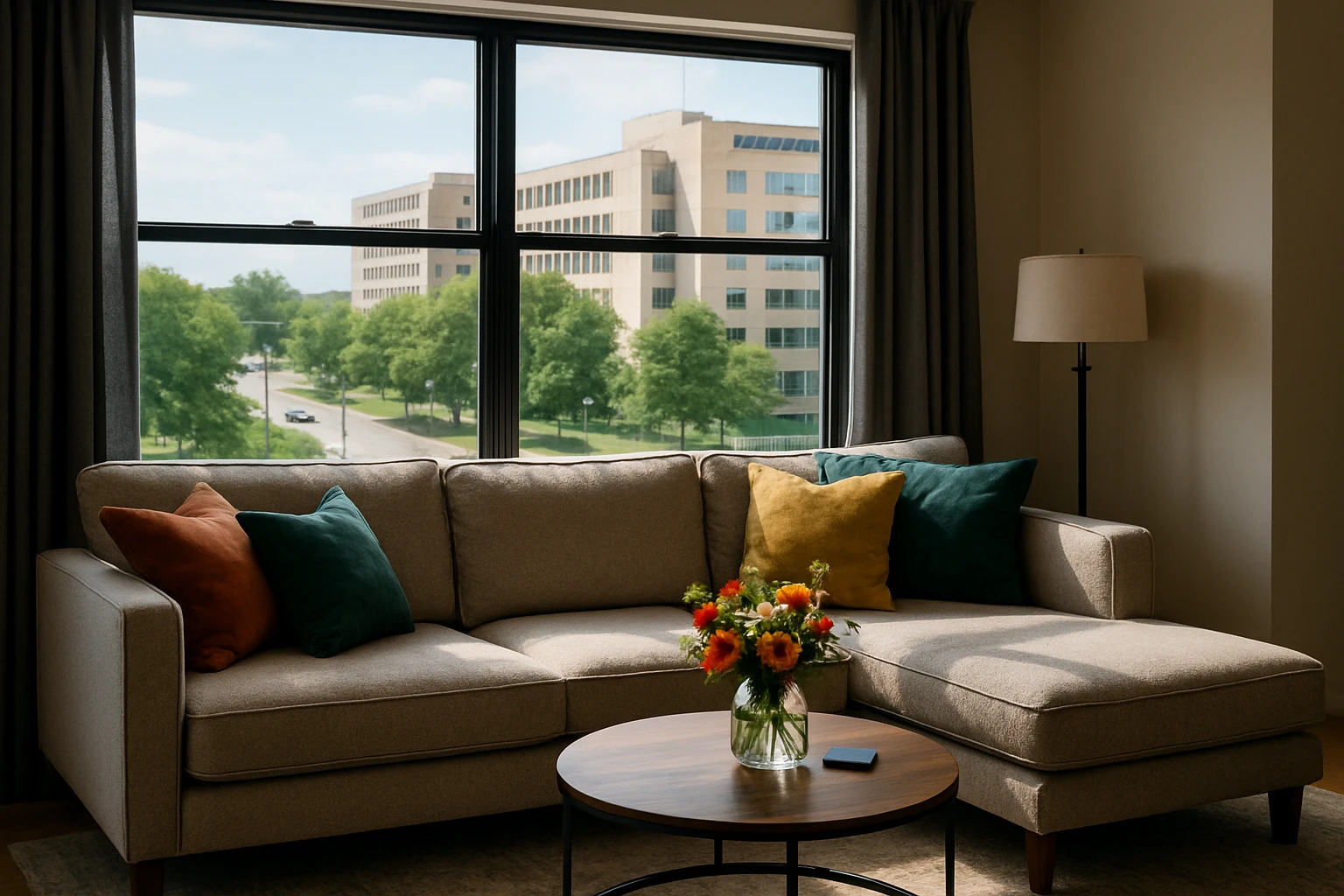 A cozy, modern living room featuring a plush sofa, colorful throw pillows, a small coffee table with a vase of fresh flowers, and large windows with a view of West Grand Blvd, providing a welcoming atmosphere near Henry Ford Hospital.