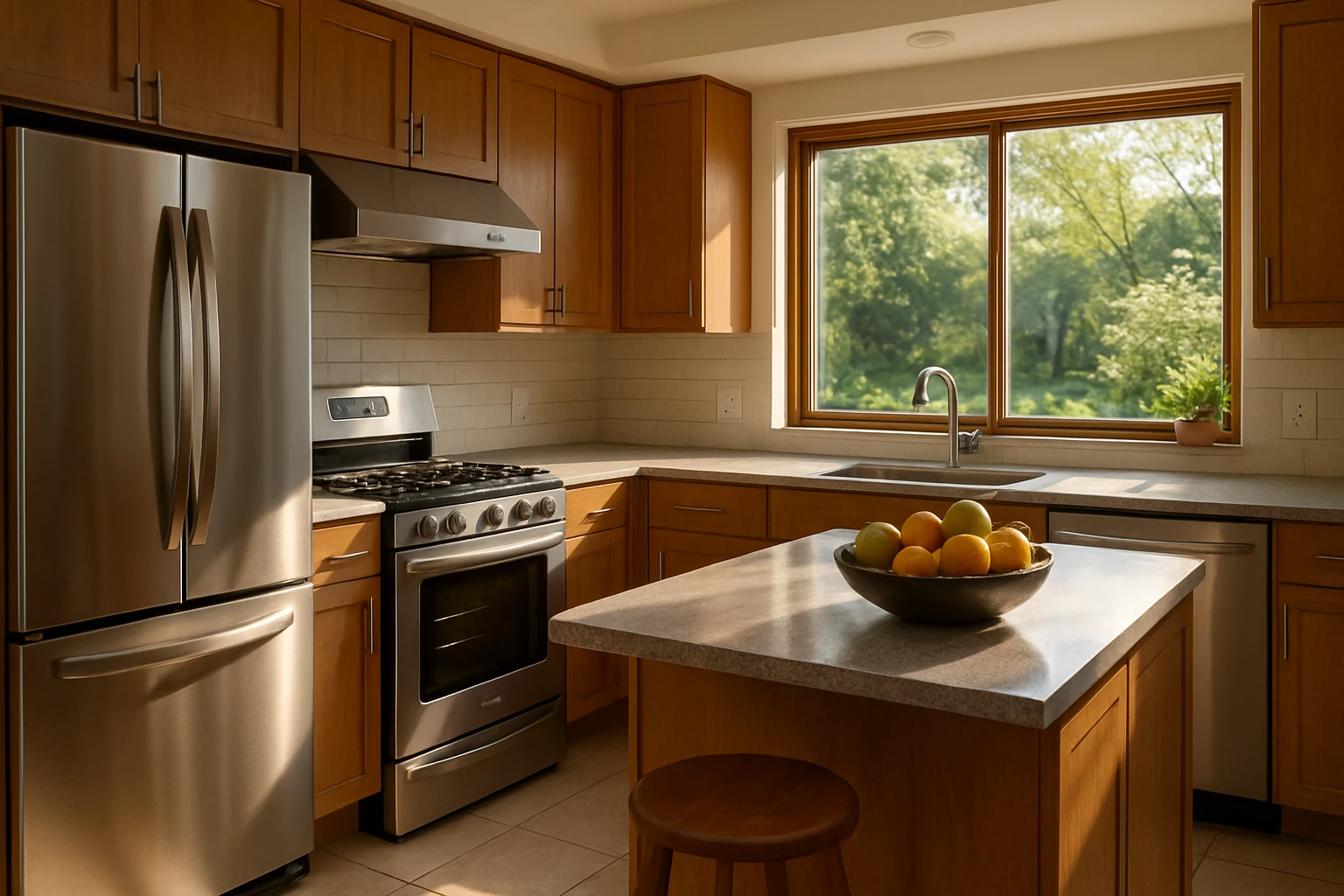 A sunlit kitchen with sleek stainless steel appliances, wooden cabinets, and a small breakfast bar adorned with a fruit bowl, overlooking a peaceful garden through a large window, offering a tranquil living space near Henry Ford Hospital.