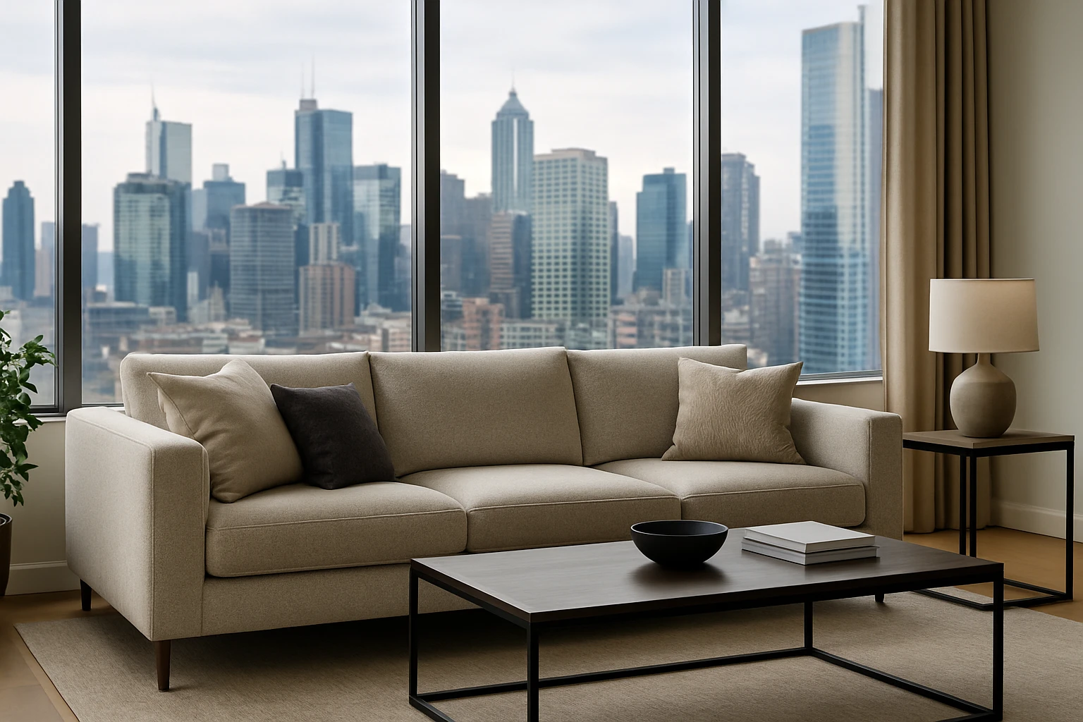 A cozy, modern living room with a plush sofa, a sleek coffee table, and a large window offering a panoramic view of a bustling city skyline, showcasing the appeal of top furnished rentals.