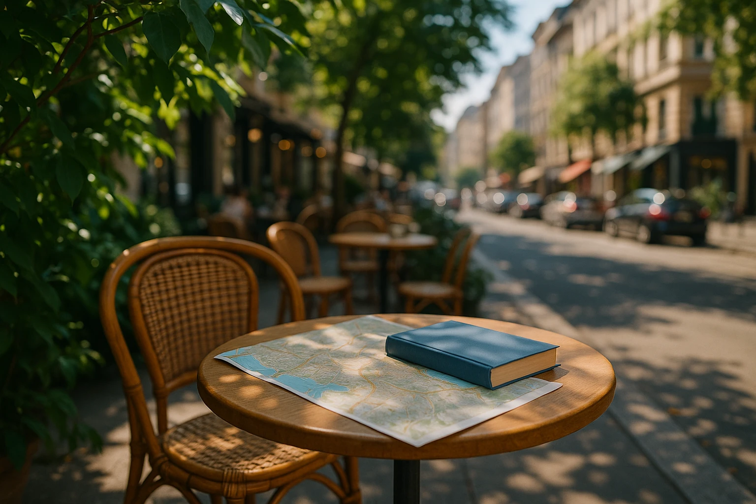 A charming outdoor café scene with a small table set against a busy urban street, featuring a map and guidebook under the dappled sunlight filtering through lush greenery, reflecting the allure of top furnished rentals in vibrant city locales.