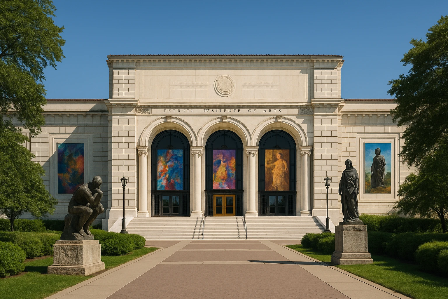 A grand facade of the Detroit Institute of Arts stands under a clear blue sky, its marble entrance adorned with banners showcasing a new art exhibition, with sculptures lining the pathway surrounded by lush greenery.