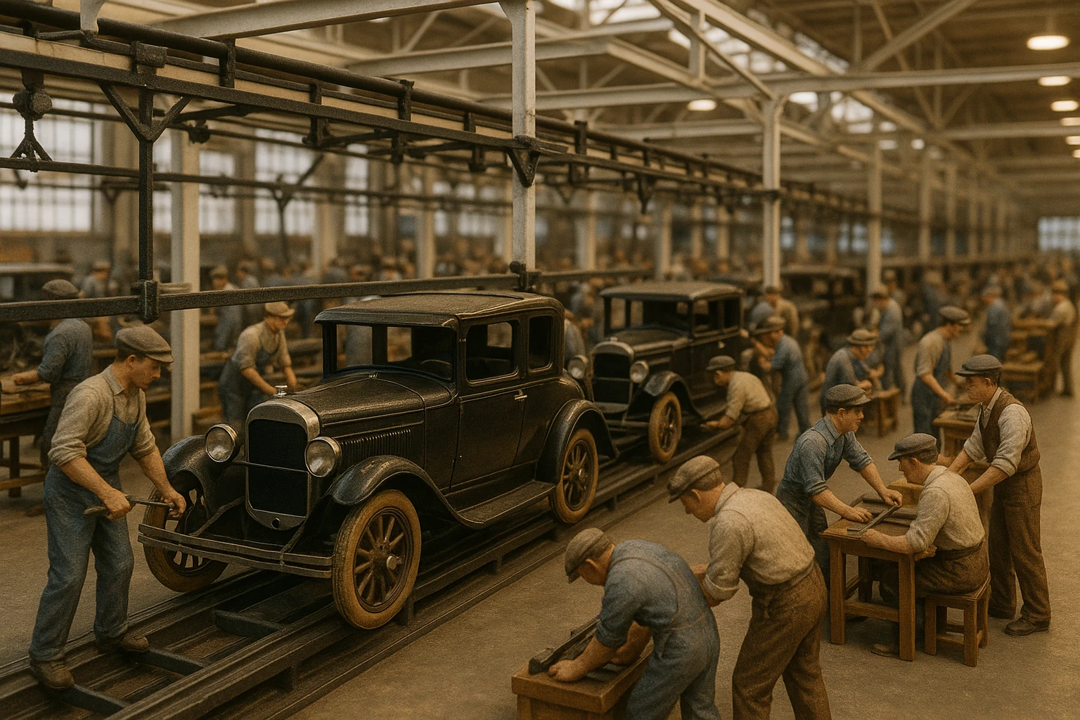 A detailed diorama at the Detroit Historical Museum depicts a bustling 1920s automotive factory, complete with miniature assembly lines, tiny vintage cars, and figurines of workers wearing period attire, highlighting the city's industrial heritage.